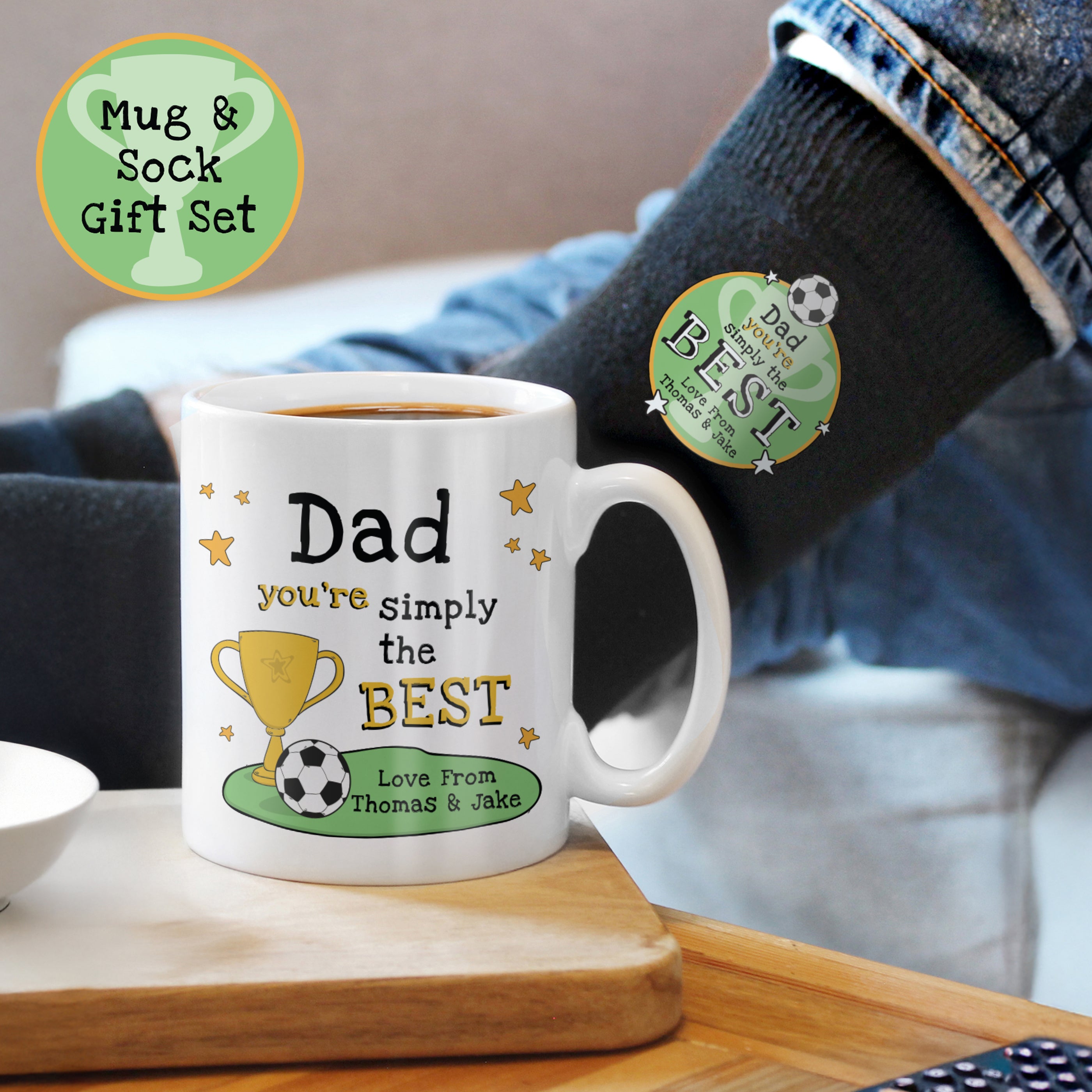 Personalised Simply The Best football mug and socks gift set for fans