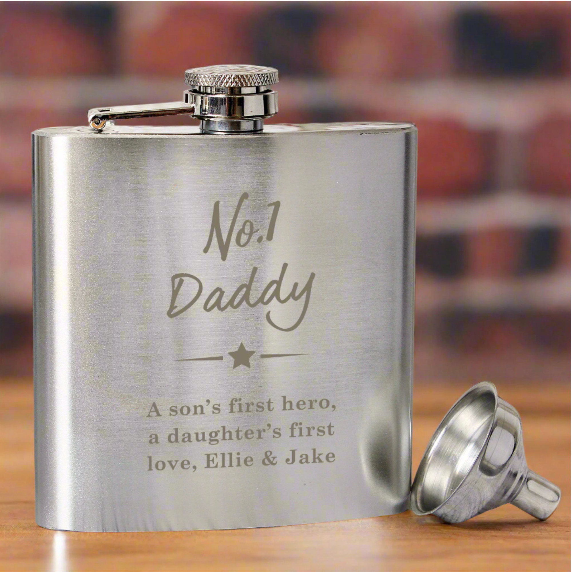 6Close-up view of the engraving on the personalised 'No.1' stainless steel hip flask.