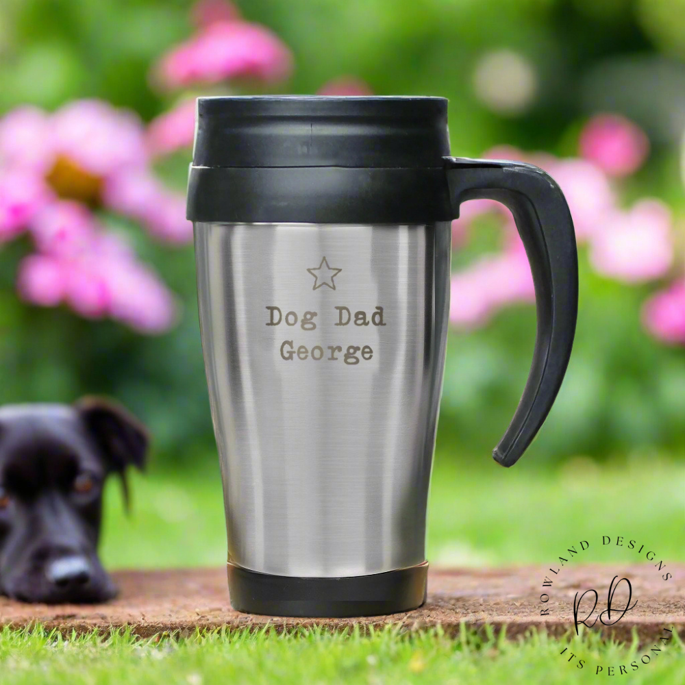 Personalised stainless steel travel mug with star design and custom text