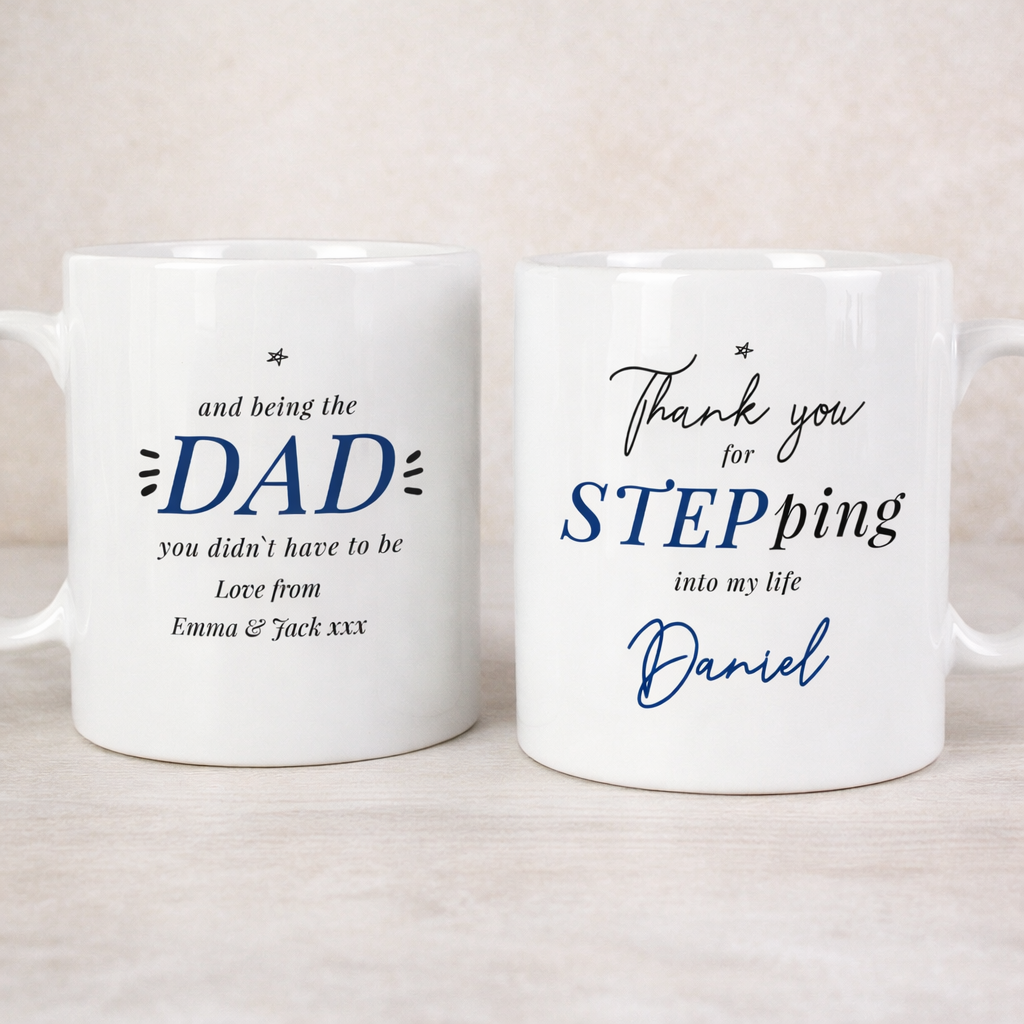 Personalised step dad ceramic mugs showing thank you messages on the front and back designs