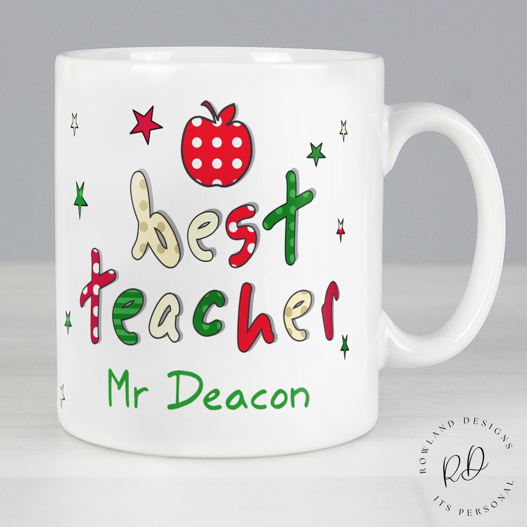 Reverse of personalised teacher mug showing 4-line custom message