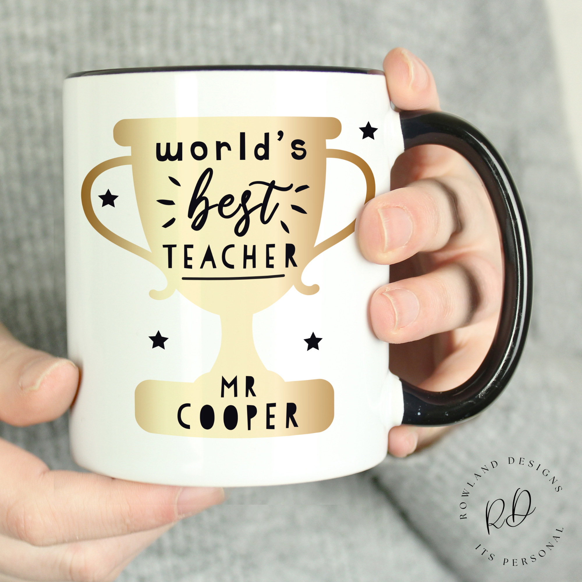 Personalised World’s Best Teacher black-handled mug with custom name on front