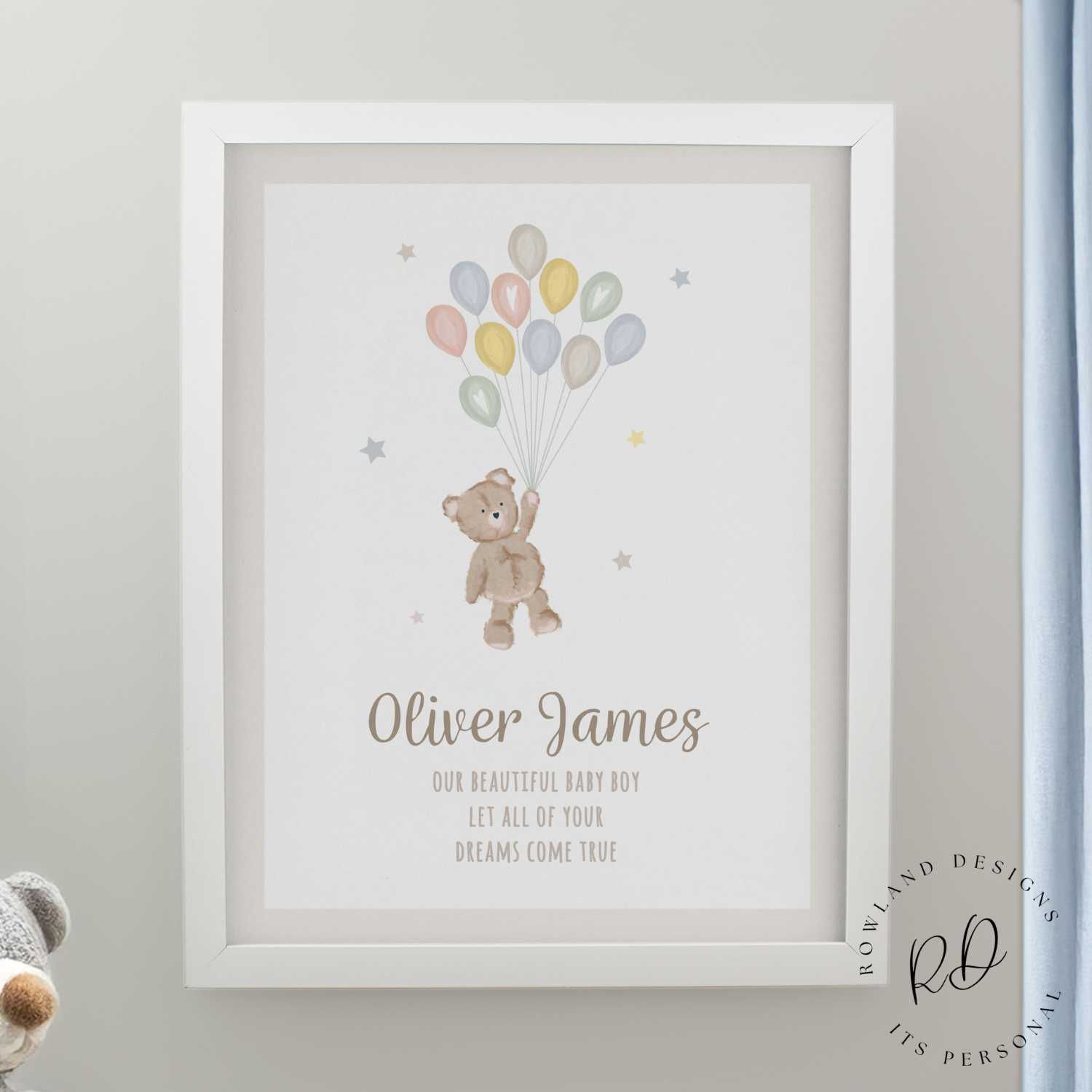 Personalised teddy balloon framed print