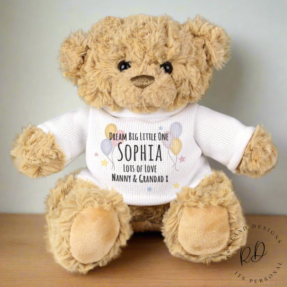 Personalised teddy bear with balloons design