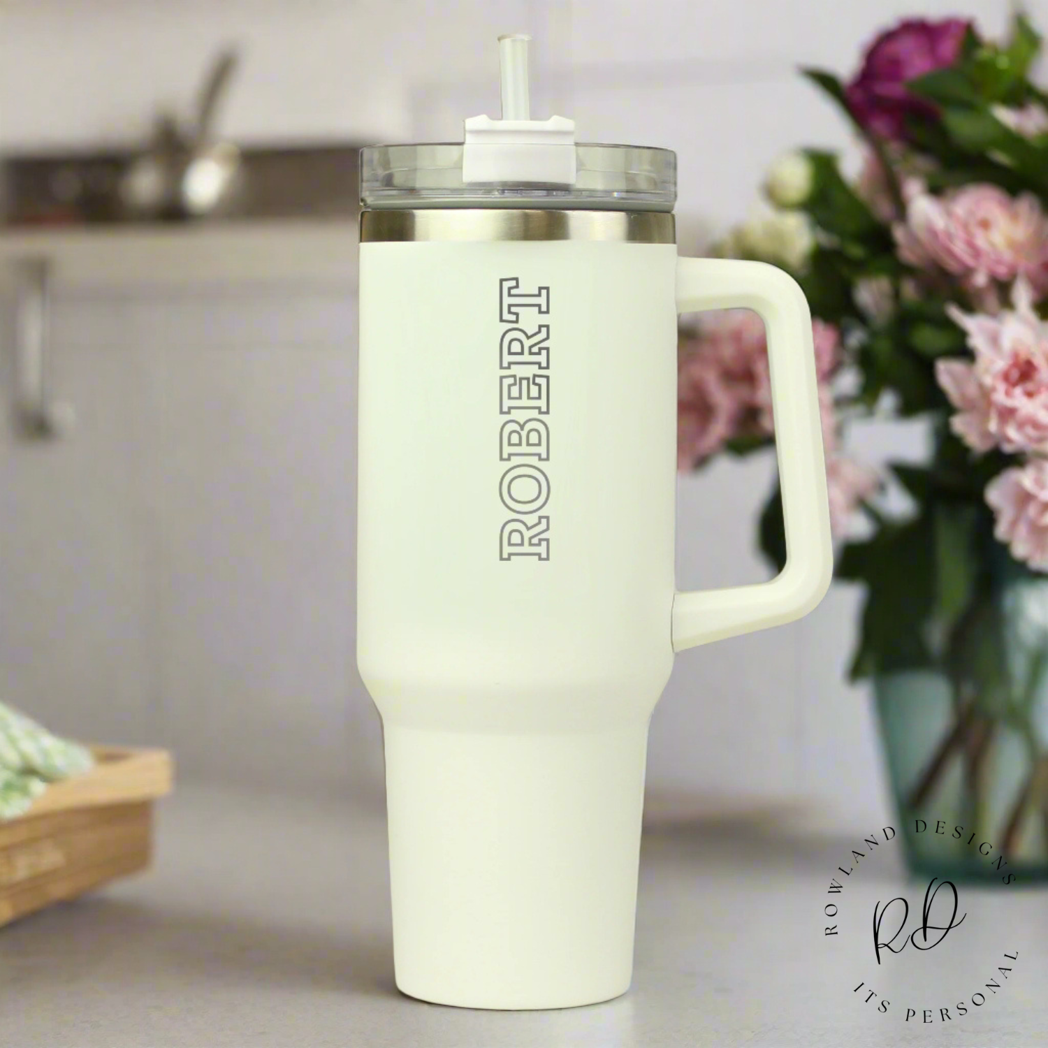 Personalised white travel cup front view