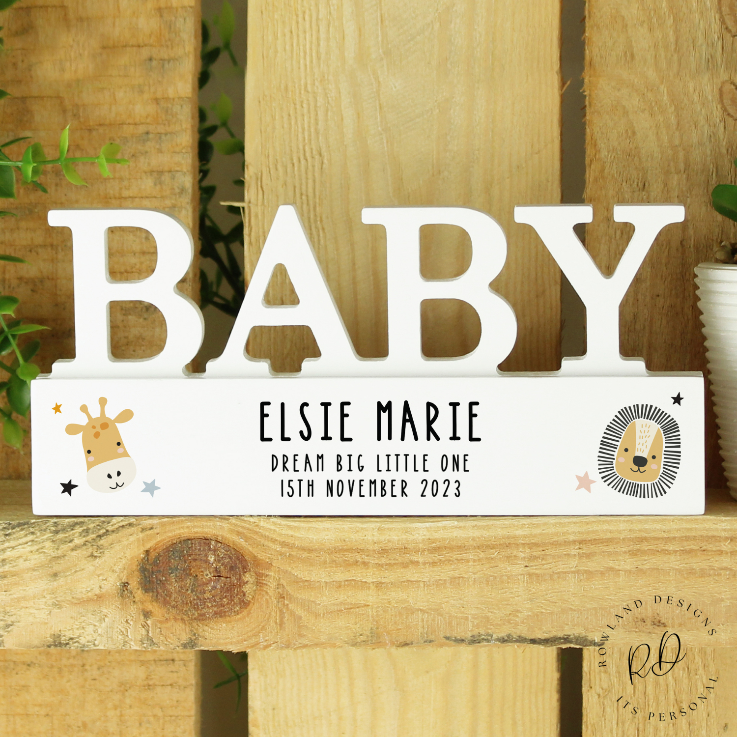 Engraved wooden baby keepsake with safari animals