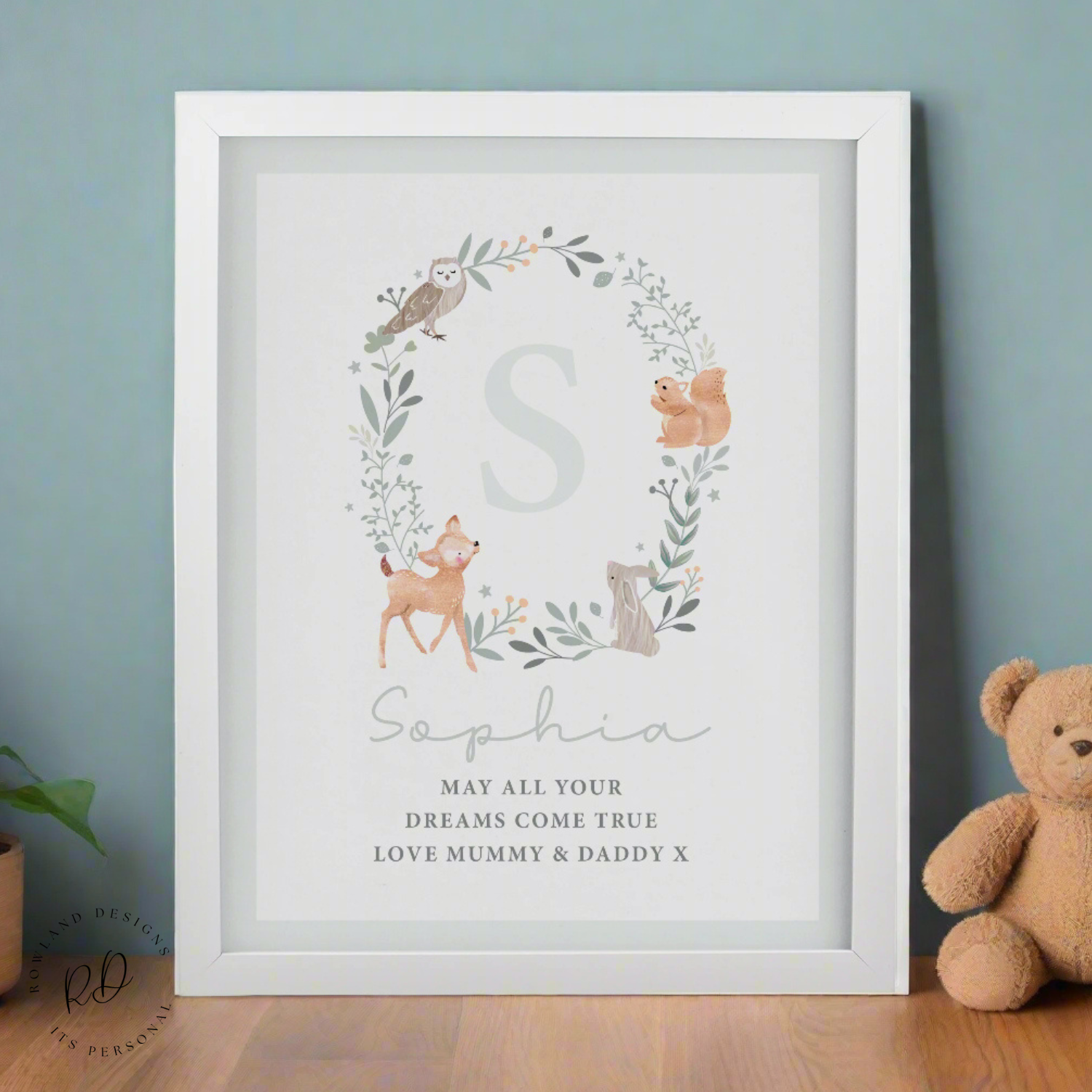 Personalised woodland initial white poster frame with child’s name – front view nursery décor