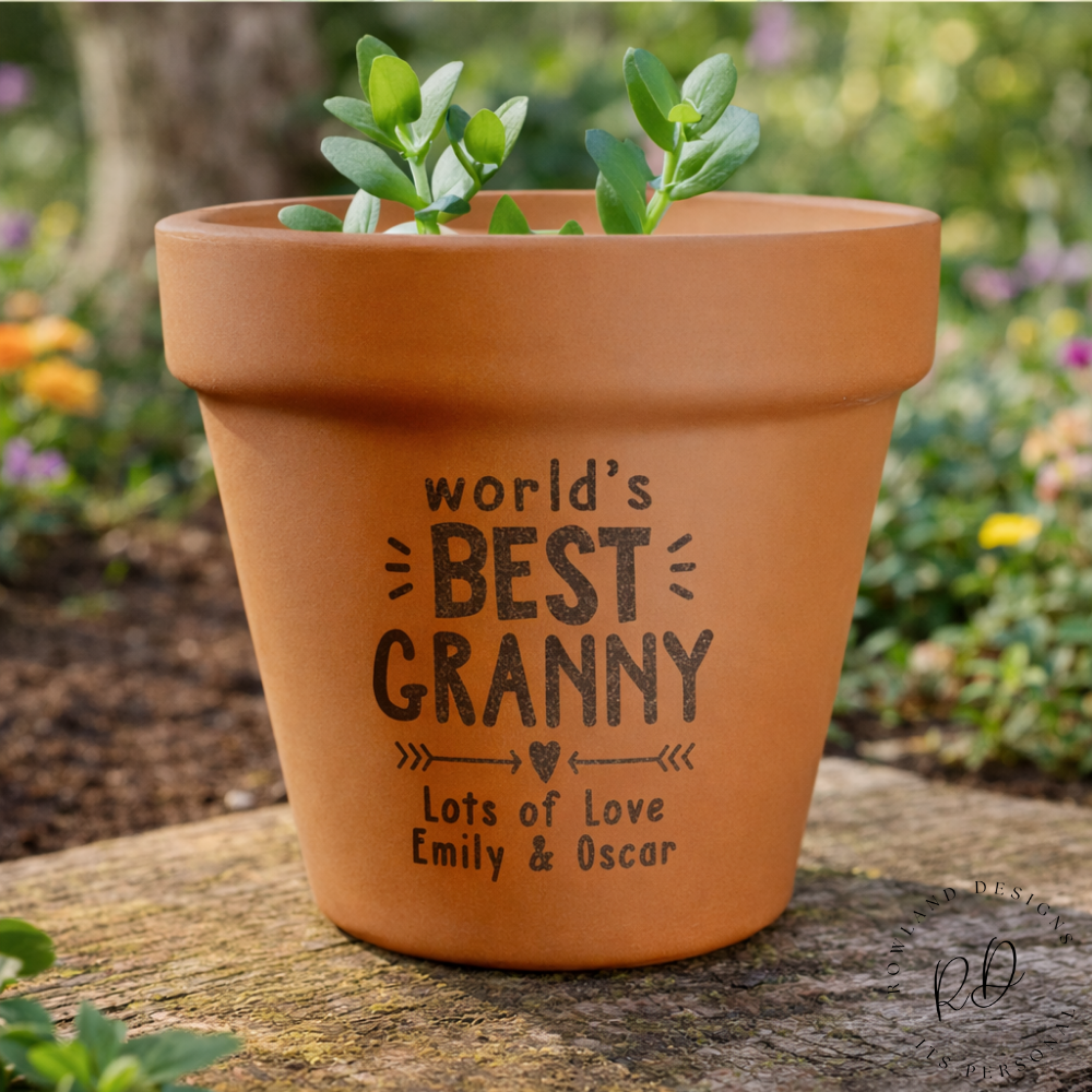 Terracotta pot with 'world's best granny' text and plant on a wooden surface