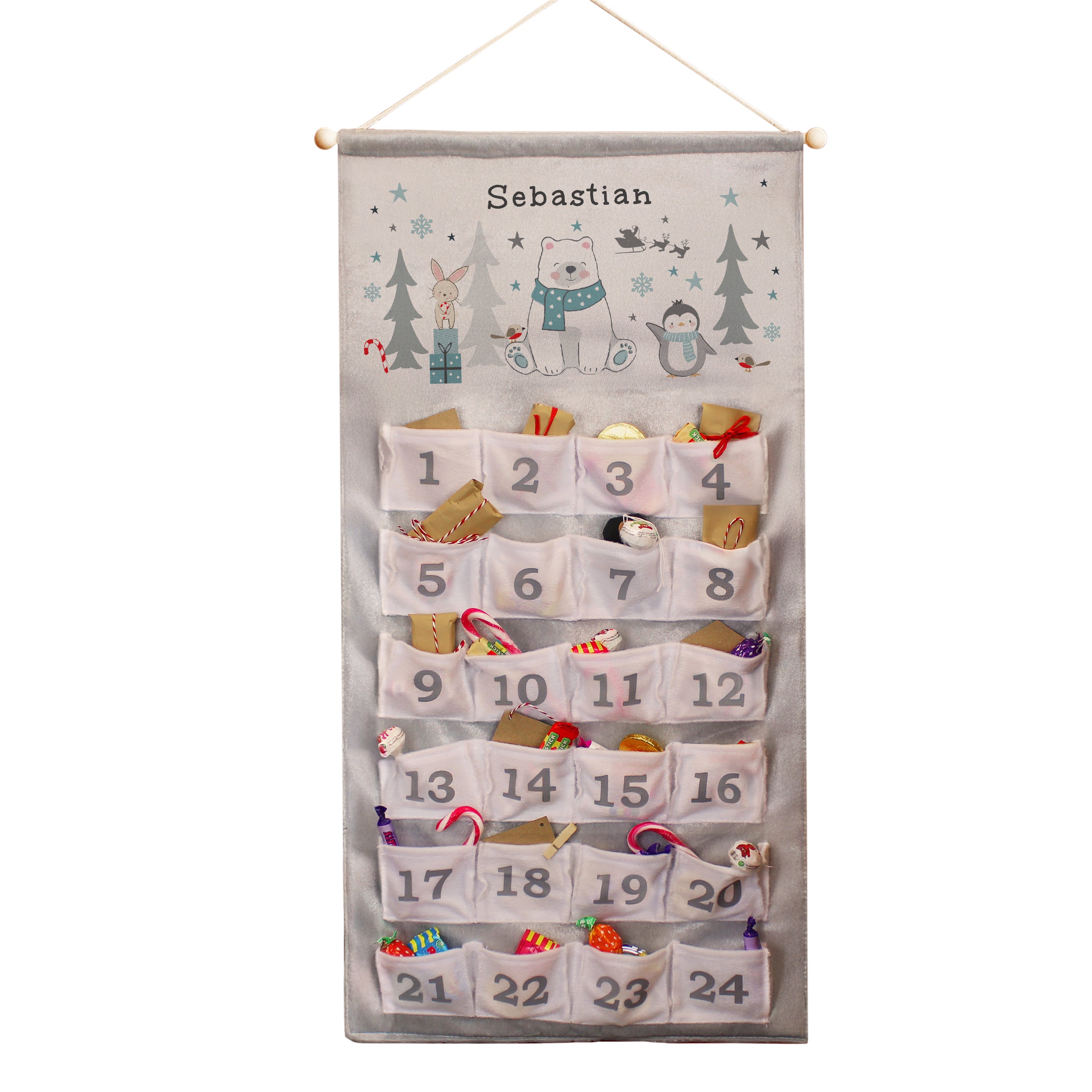 Charming polar bear design motif on the front of the reusable fabric advent calendar.