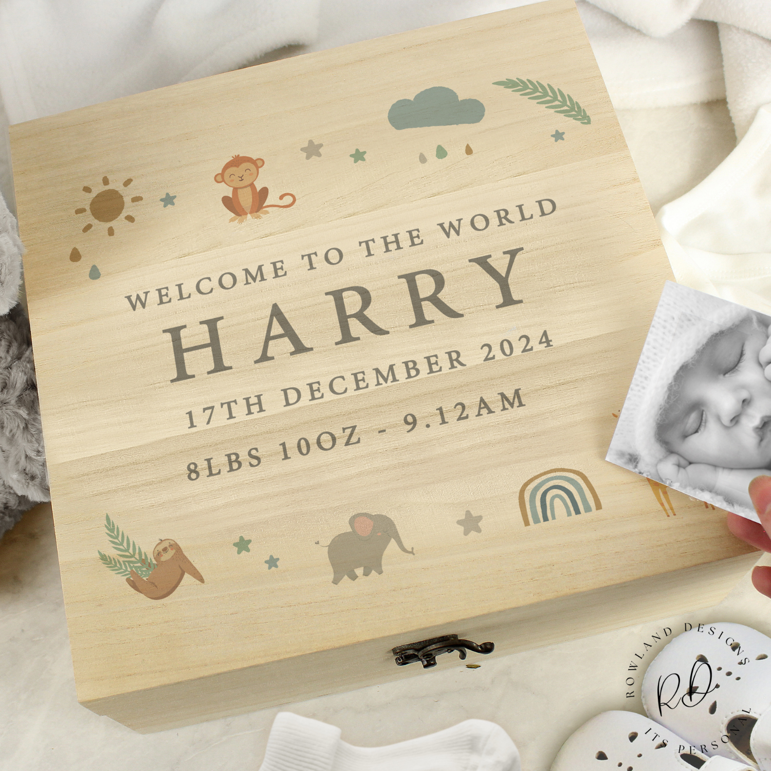 Front view of personalised safari animals wooden baby keepsake box