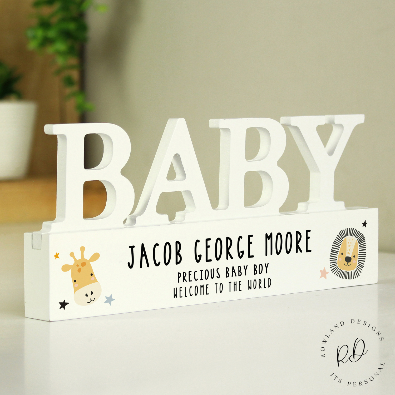 Front view of personalised Scandi safari baby ornament