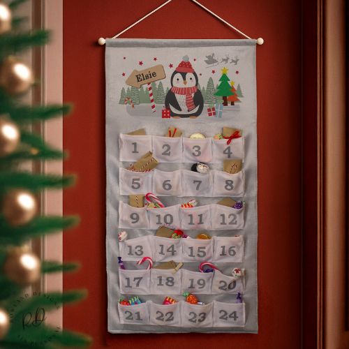 Silver Grey Advent Calendar with Numbered Pockets and Penguin Design