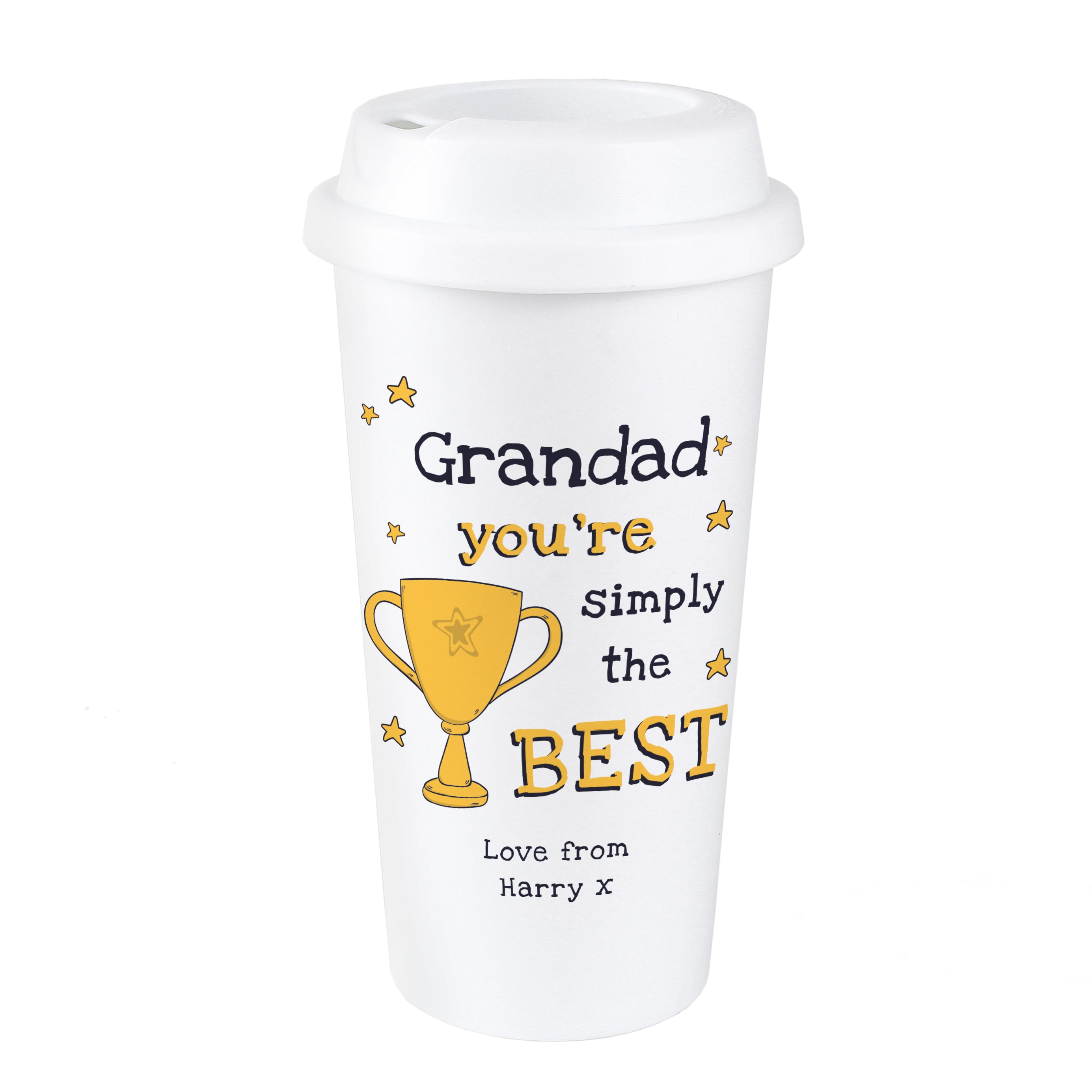 White travel mug with 'Grandad you're simply the best' text and trophy graphic on a white background