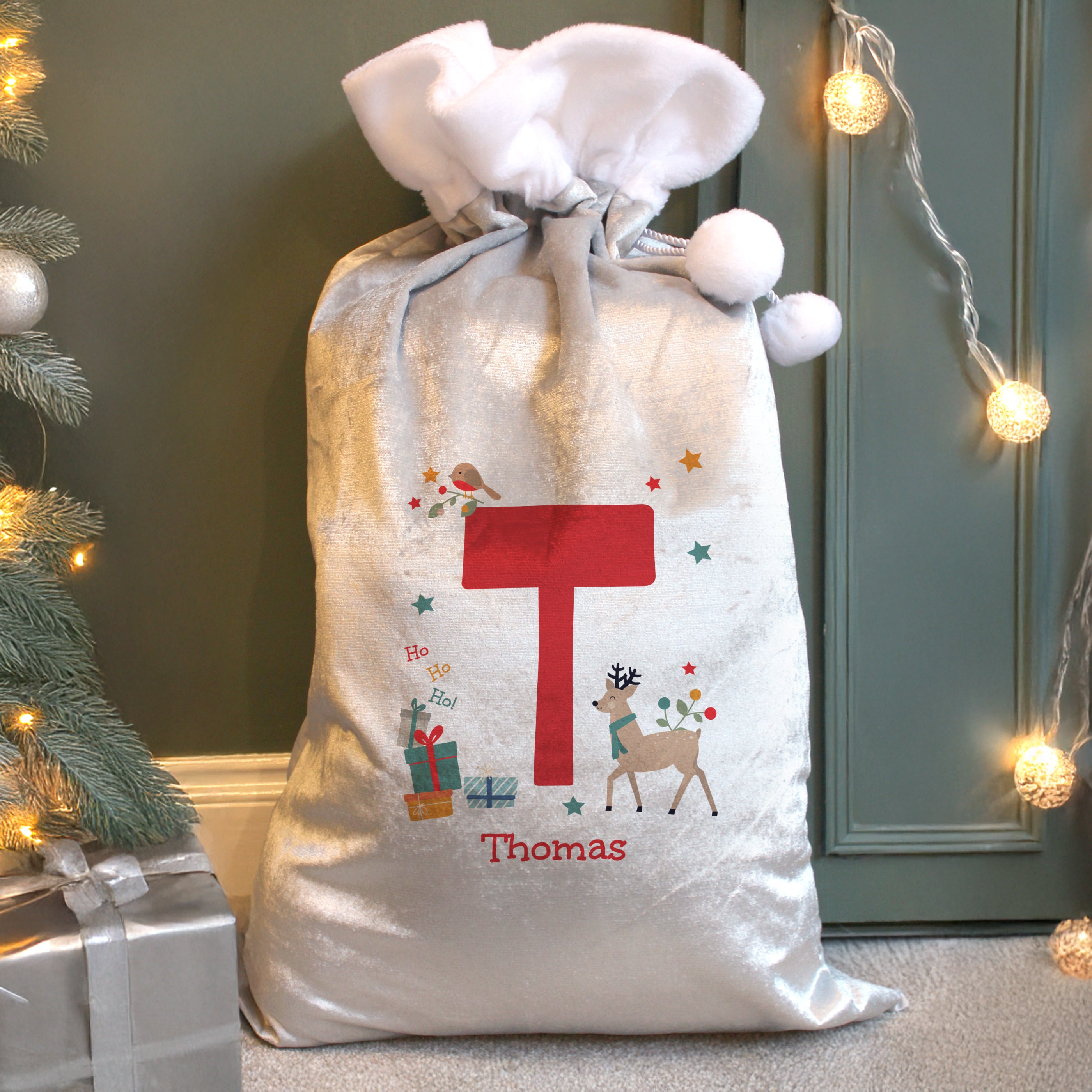 Soft fleece personalised Santa sack material texture and feel, ideal for treats.
