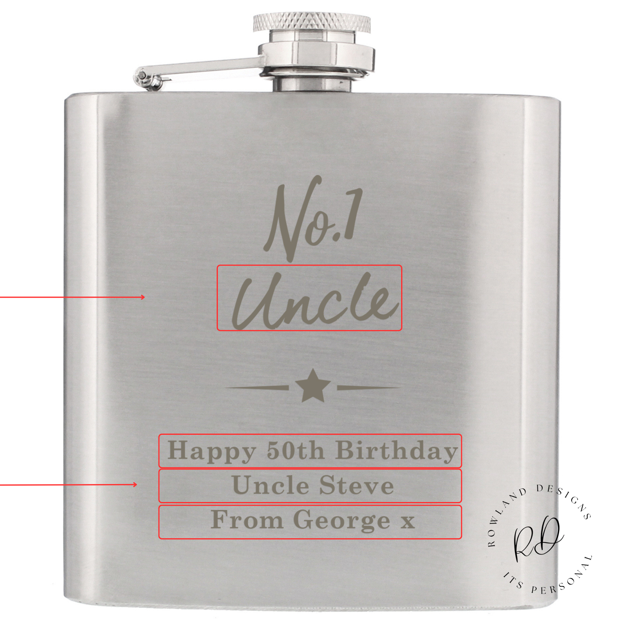 Personalised 'No.1' stainless steel hip flask in a gift box, perfect for gifting.