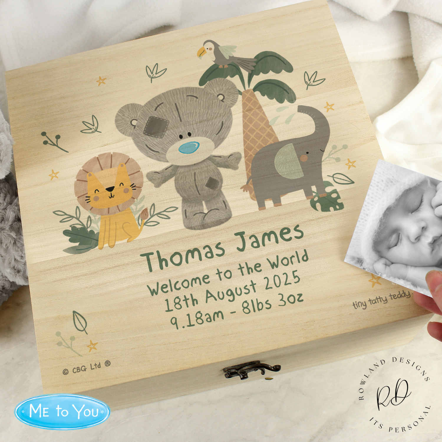 Front view of personalised Tatty Teddy keepsake box for babies