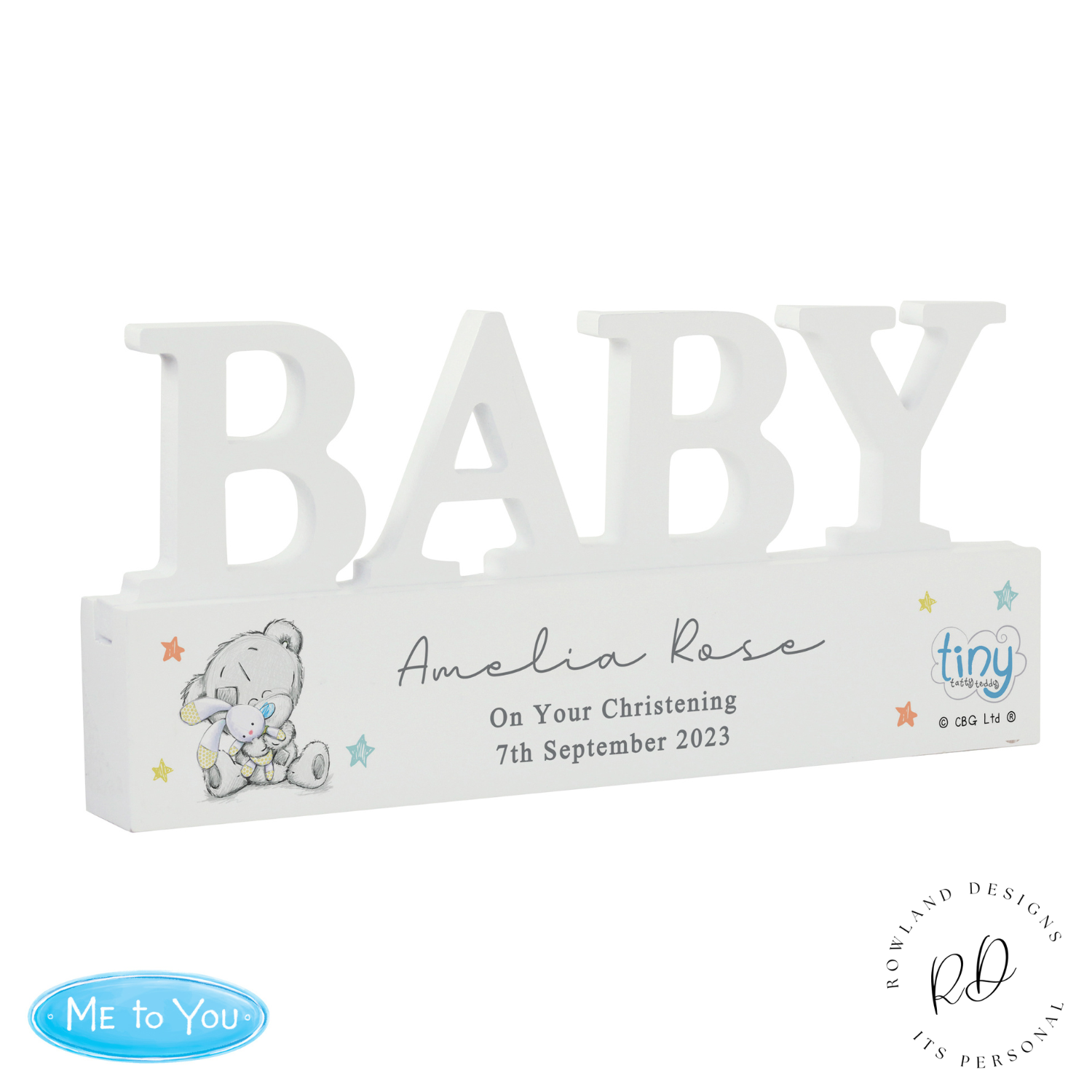 Custom wooden newborn ornament featuring Tatty Teddy