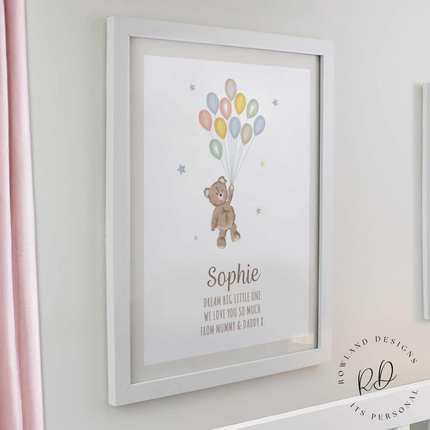 Teddy and balloon nursery print in white frame