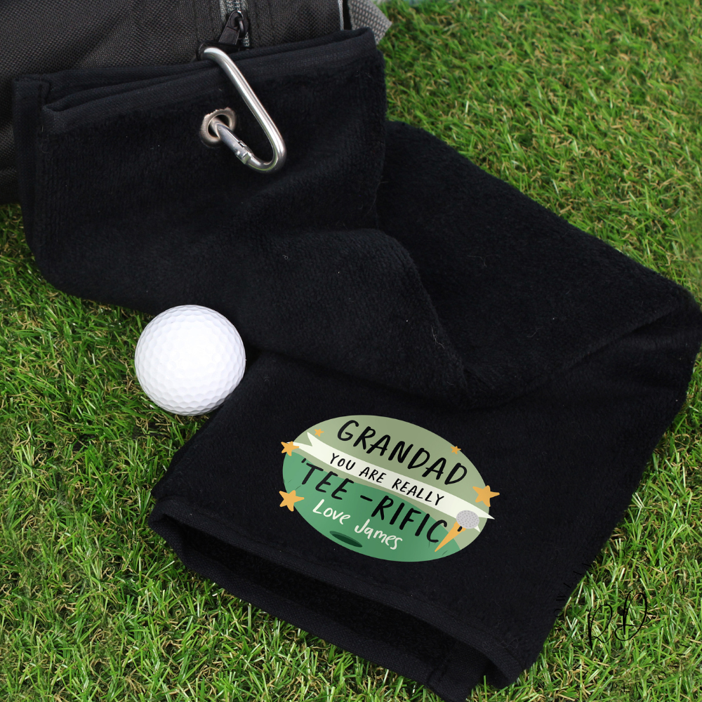 Personalised black golf towel with Tee-rific design