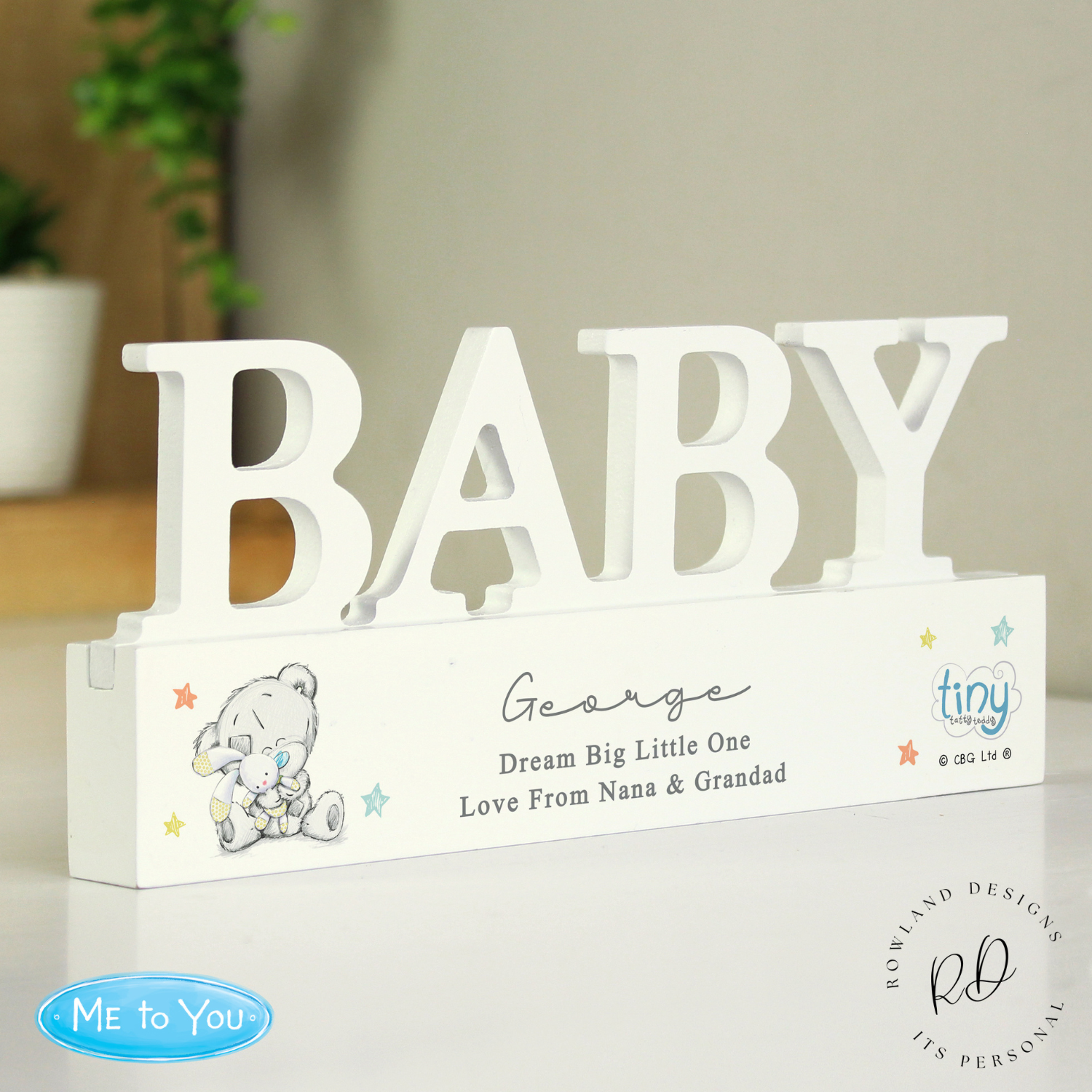 Front view of personalised Tiny Tatty Teddy baby ornament