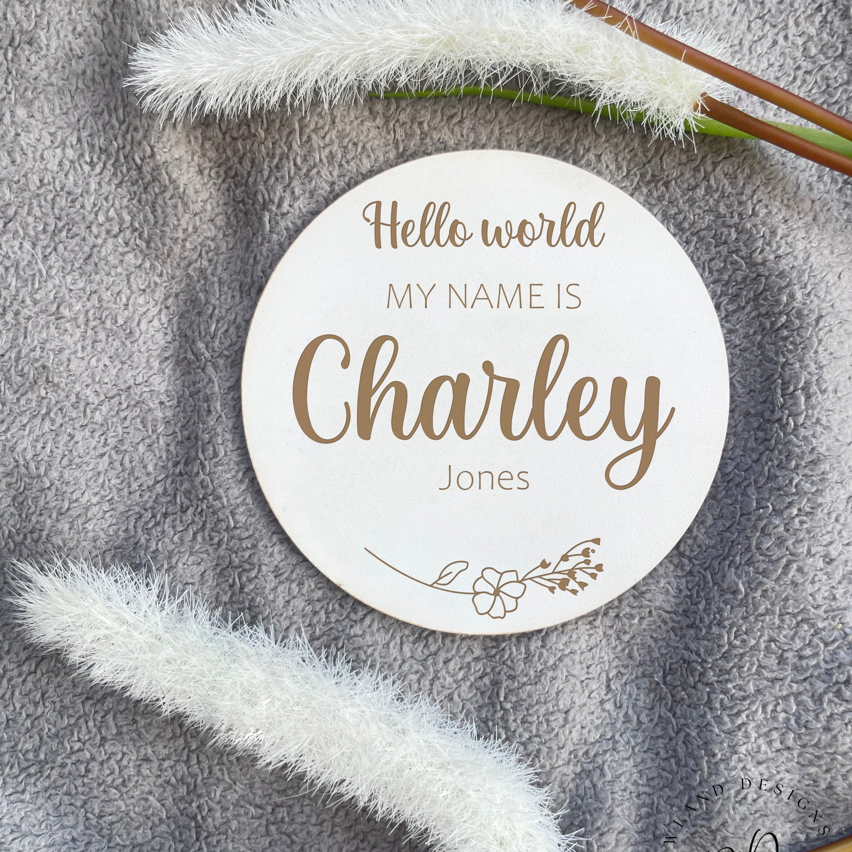 White MDF personalised baby arrival sign for hospital bag announcement