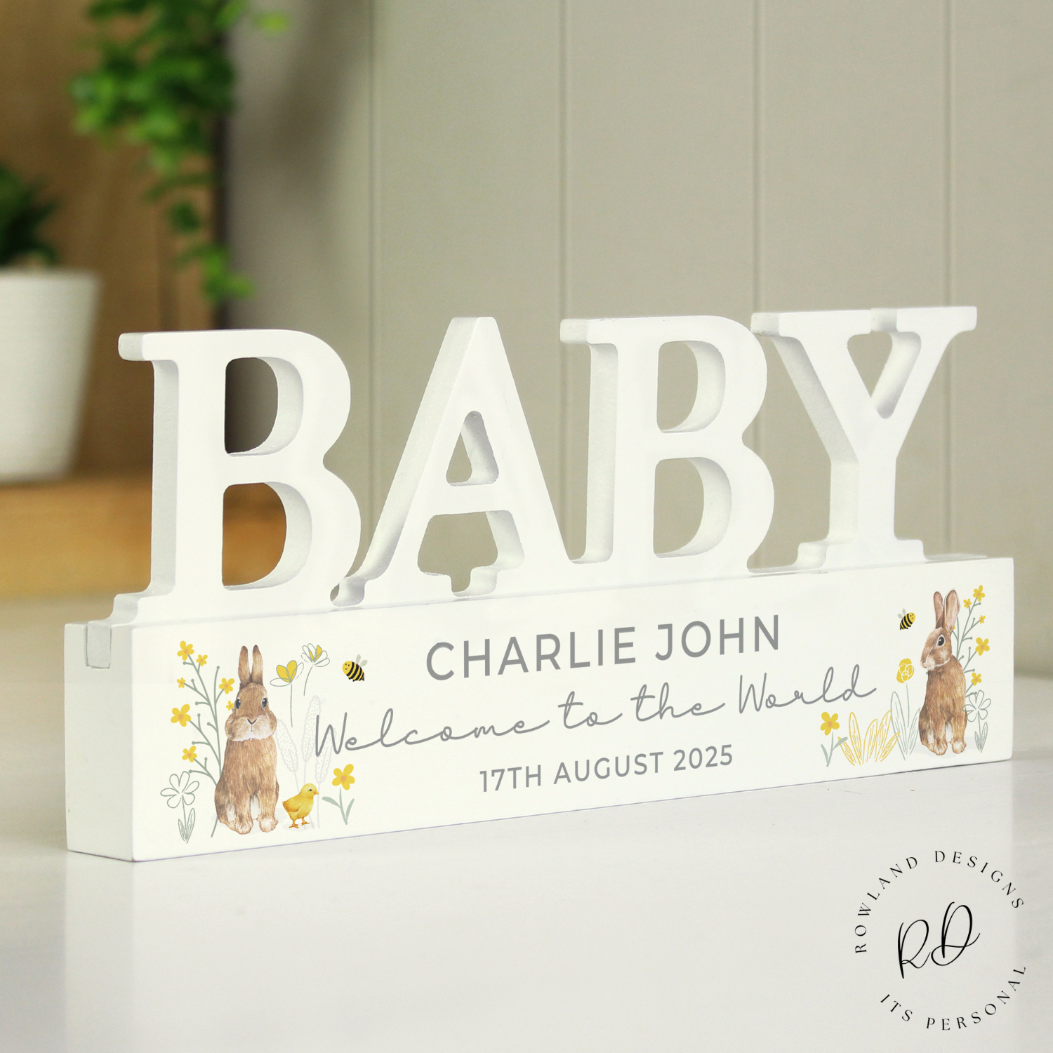 Custom wooden bunny gift with baby name