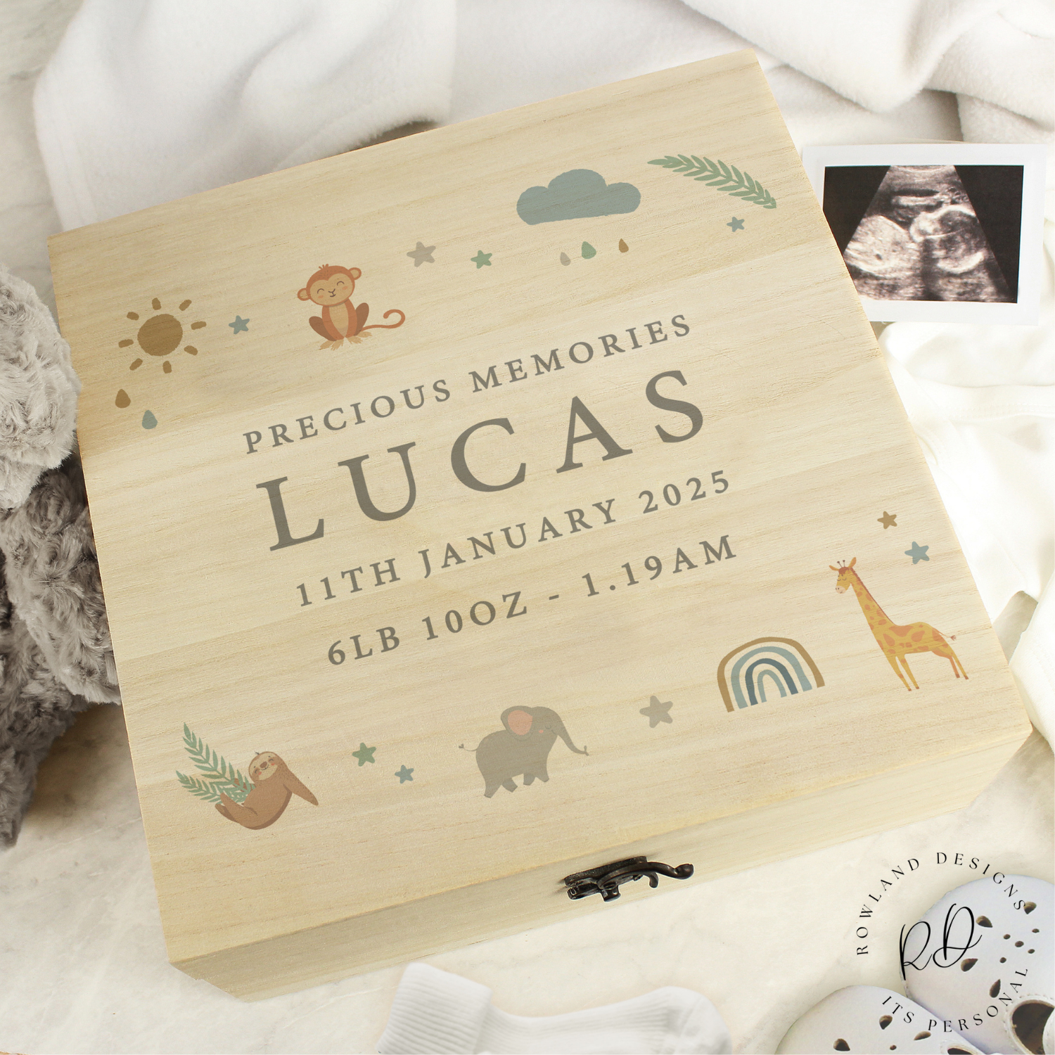 Close-up of safari animal detail on wooden box