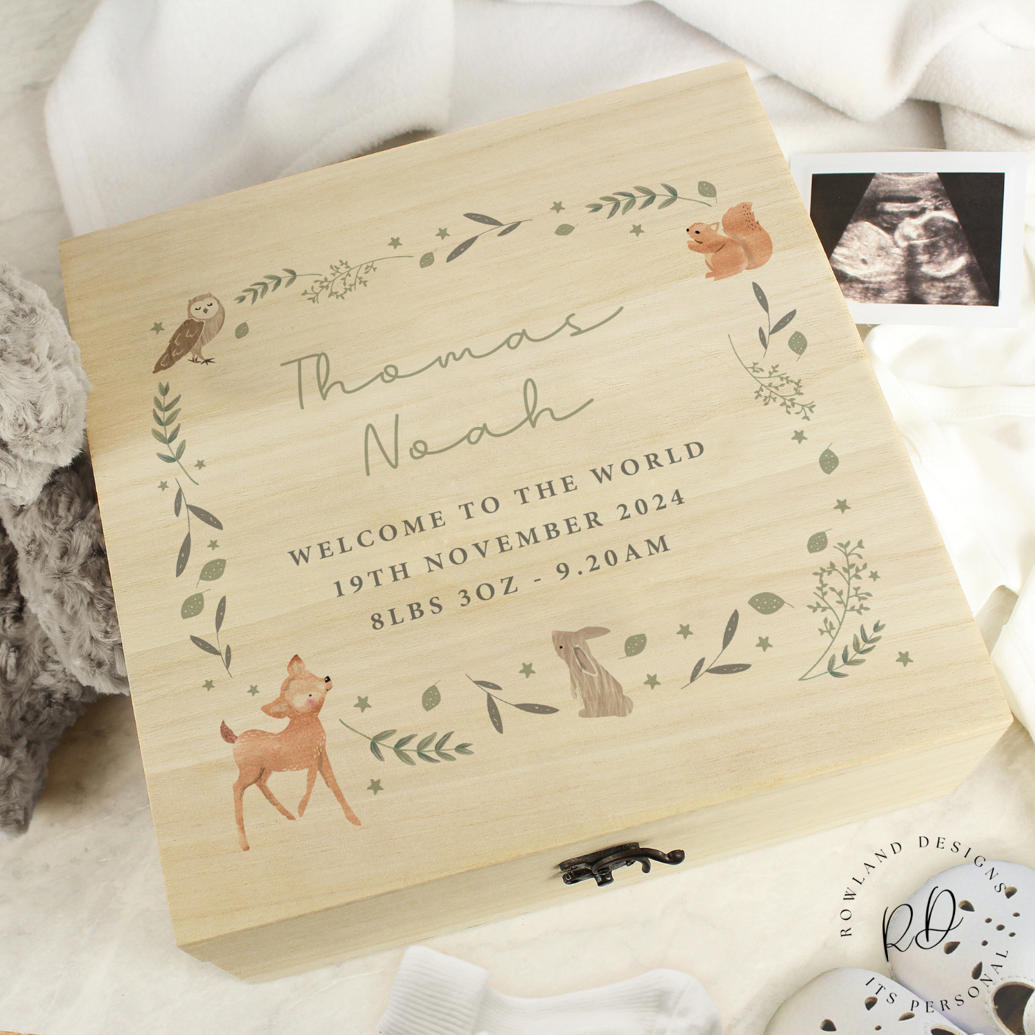 Personalised woodland animals baby keepsake box front view