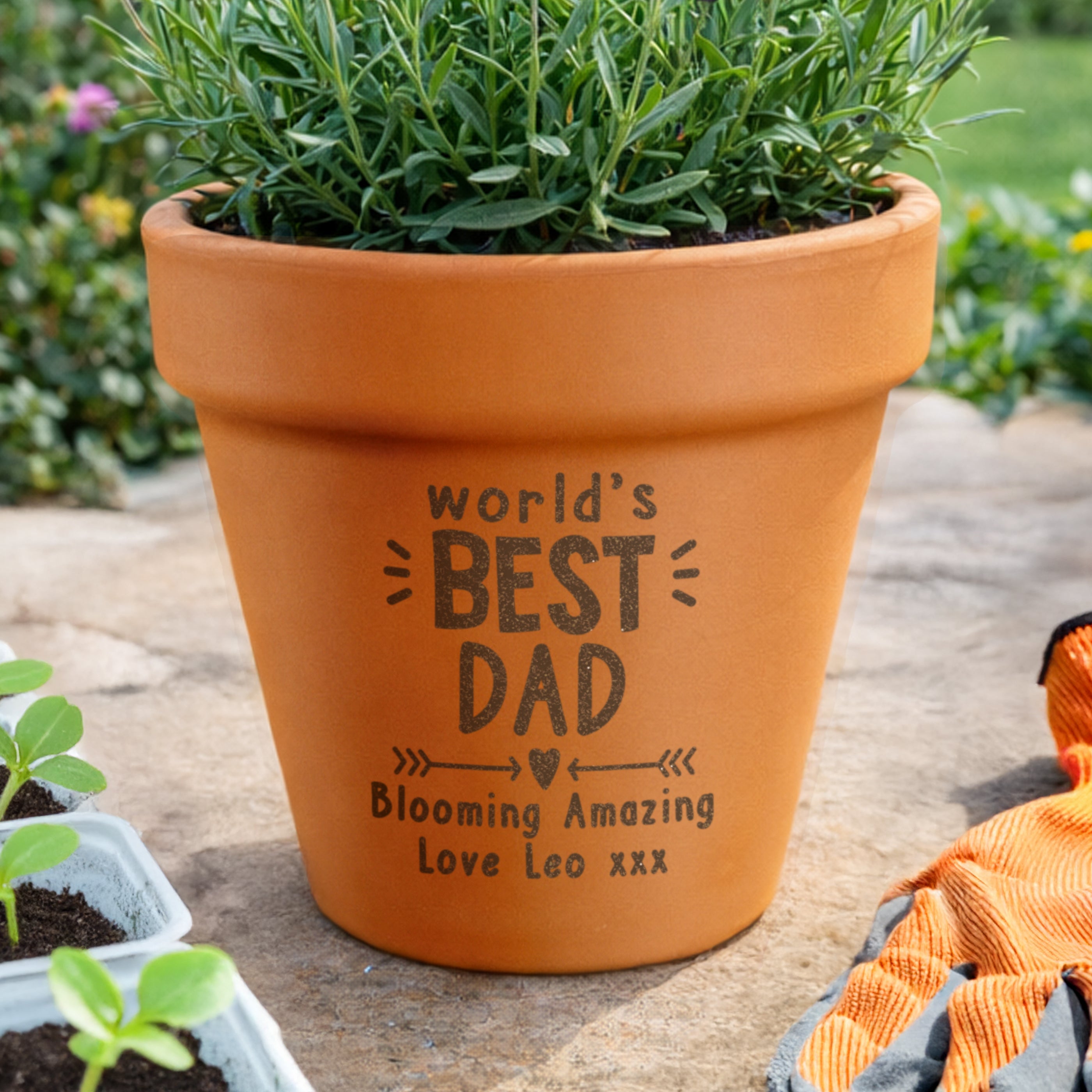 Personalised World’s Best Dad terracotta plant pot with engraved message