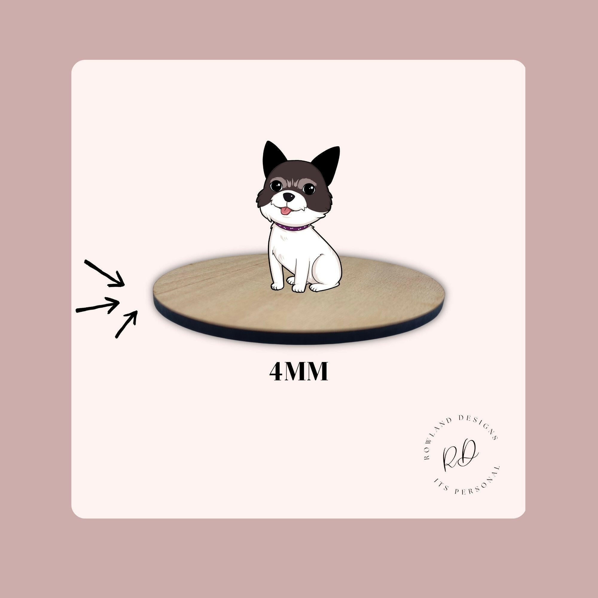 Circular wooden coaster with a cartoon dog illustration and text indicating thickness of wood.