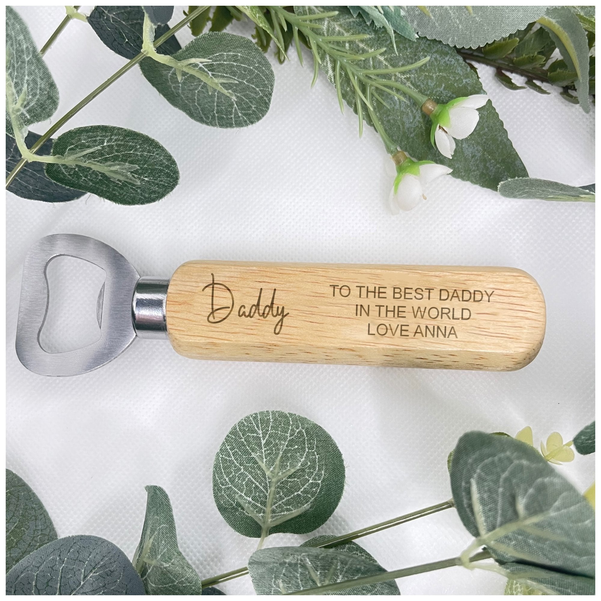 Custom bottle opener showing a personalised name and a classic design.