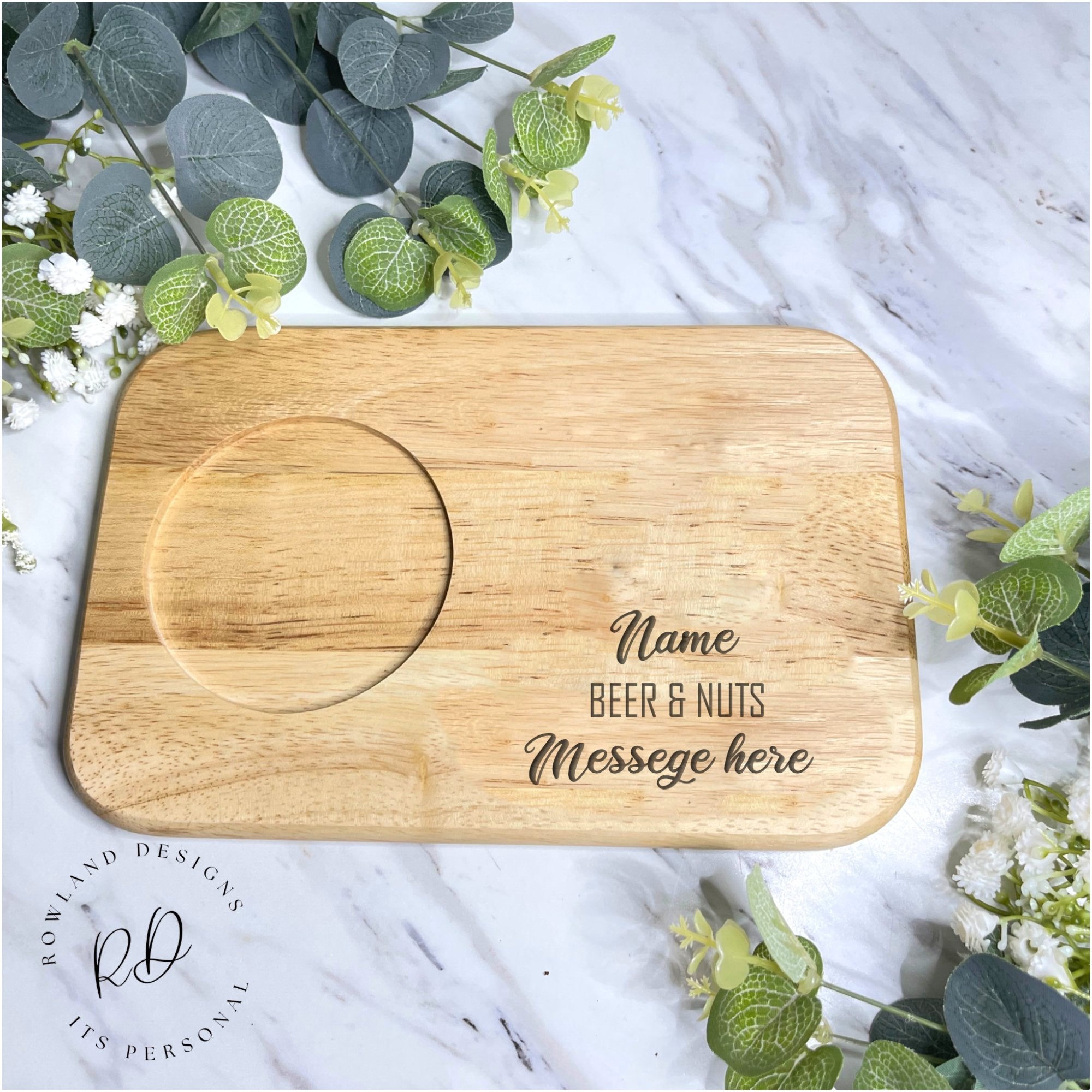 Wooden serving board with cup slot and biscuits, personalised with name or message