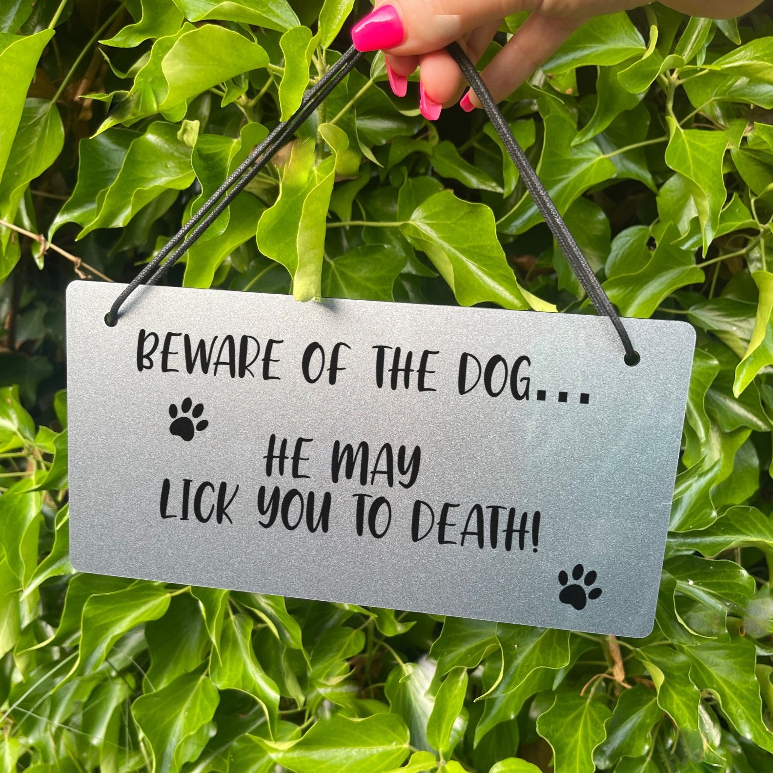A silver acrylic sign with a humorous dog-themed quote, perfect as a gift.