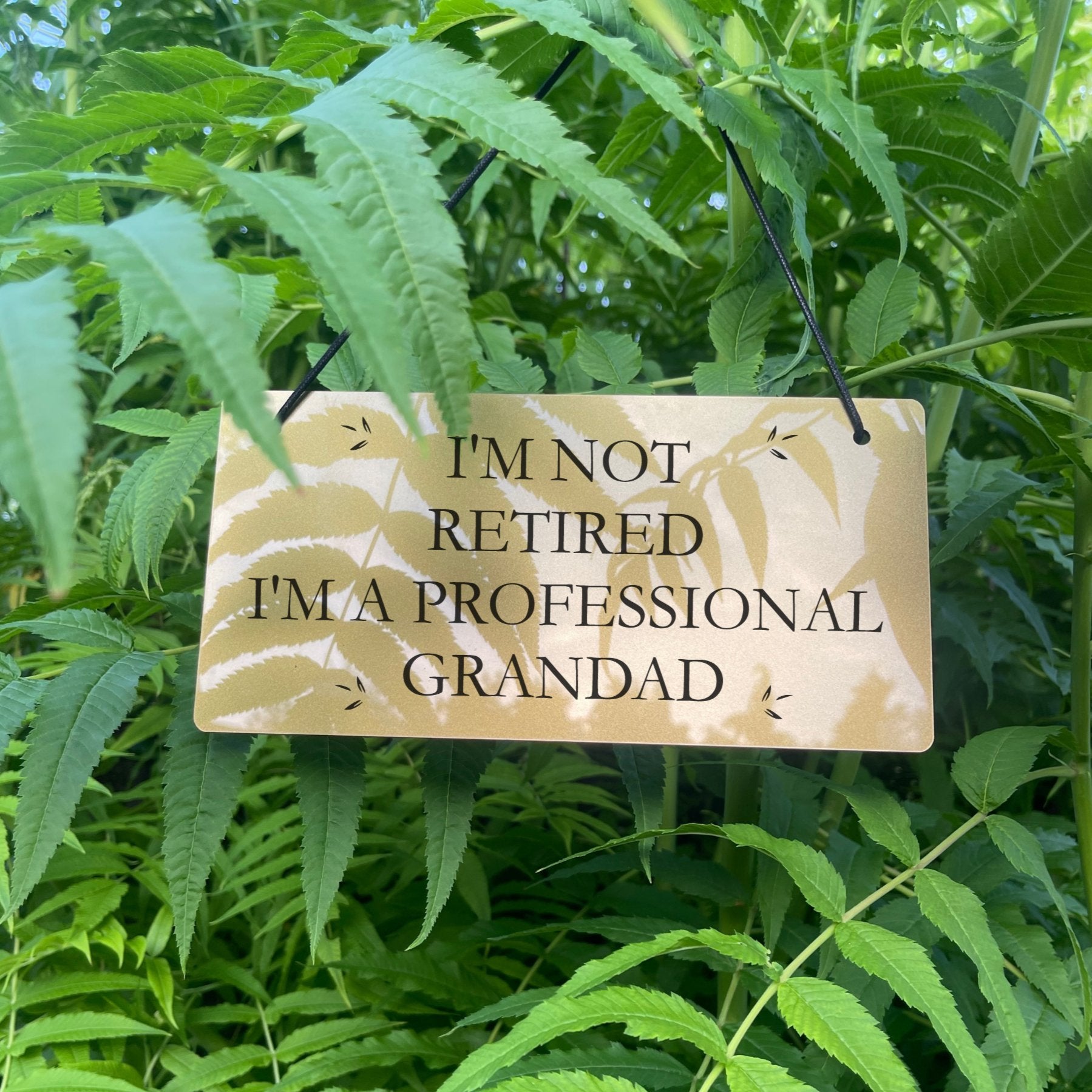 A gold-colored acrylic sign with the engraved phrase 'I Am Not Retired, I Am a Professional Grandad' hanging in a garden setting.