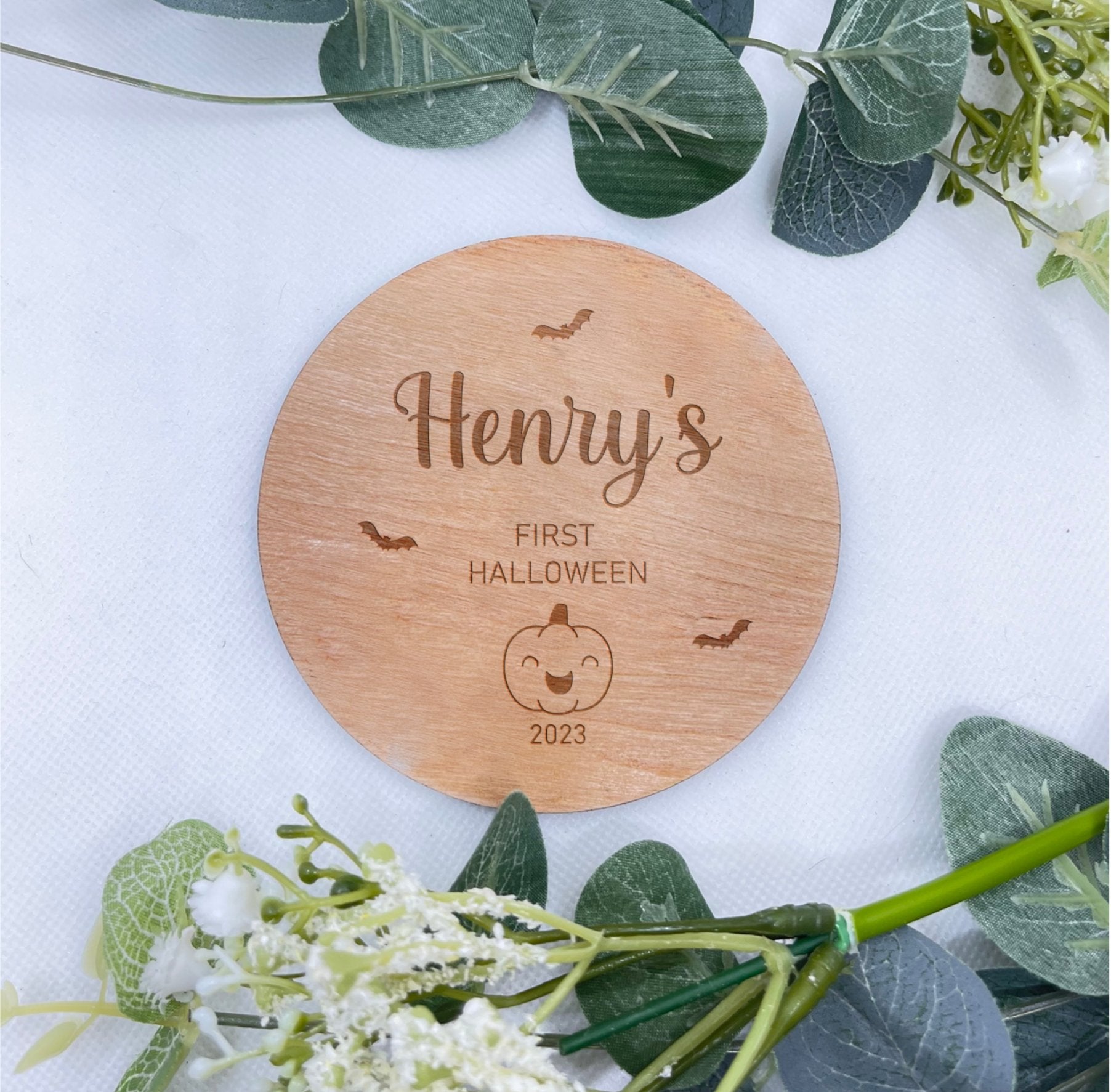 Engraved Wooden Plaque for Baby's First Halloween with green Leaves