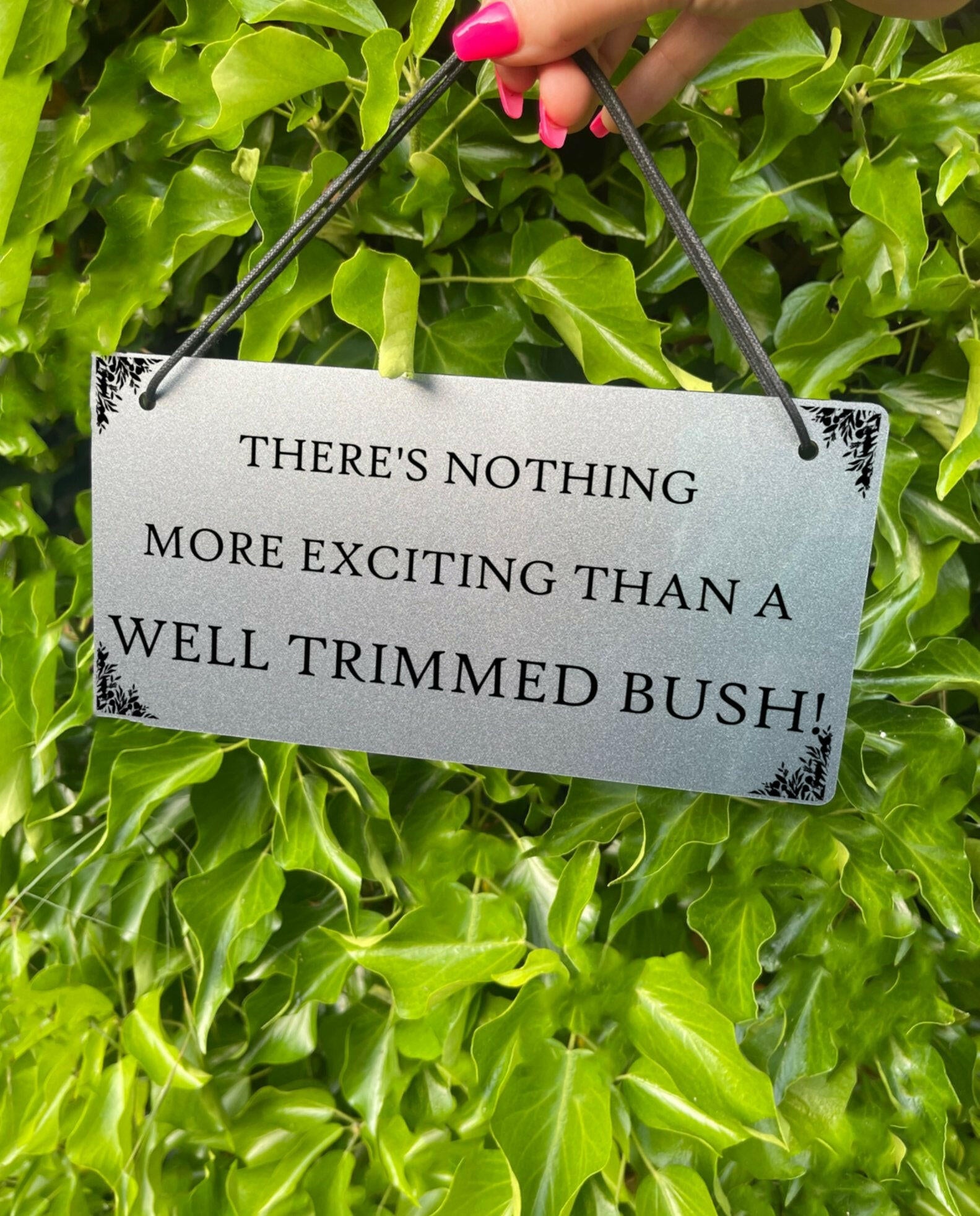 A close-up of the "Well Trimmed Bush" funny garden sign, showing the laser-engraved text and leaf design.