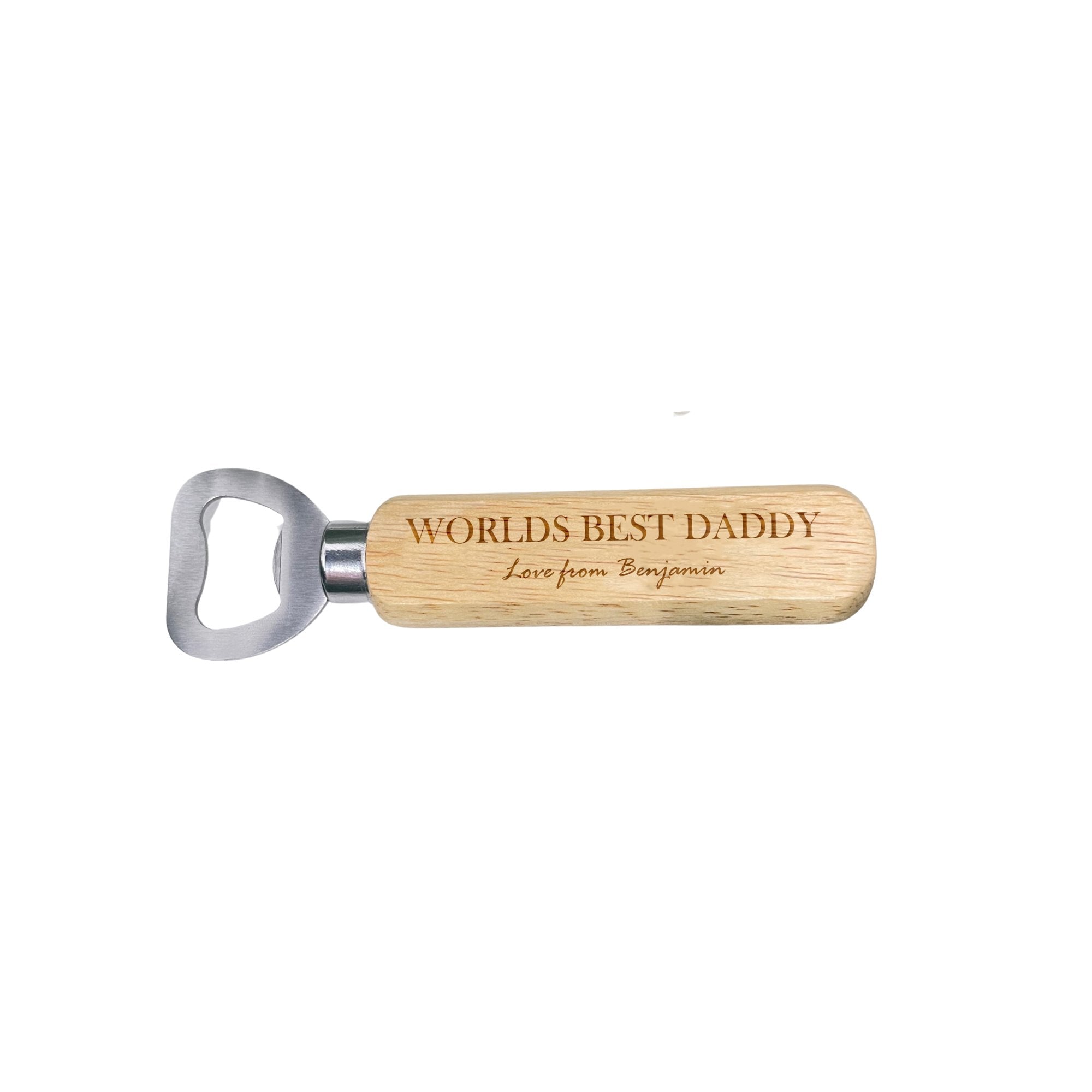 Personalised laser-engraved wood bottle opener with metal accent, featuring a unique design for easy use. Customizable with your own writing on the top and bottom, making it a perfect gift for weddings, birthdays, and Christmas.