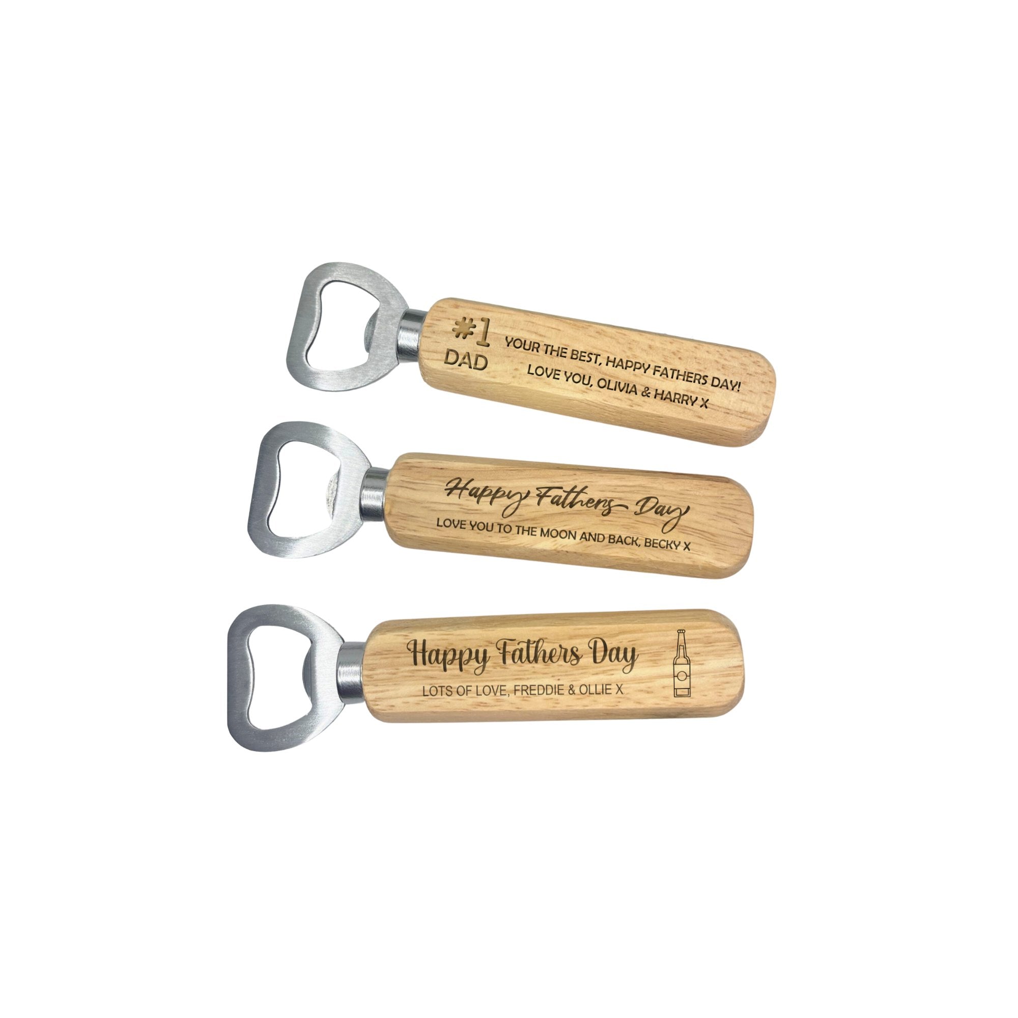 A personalised wooden bottle opener with a custom engraved handle and durable metal head.