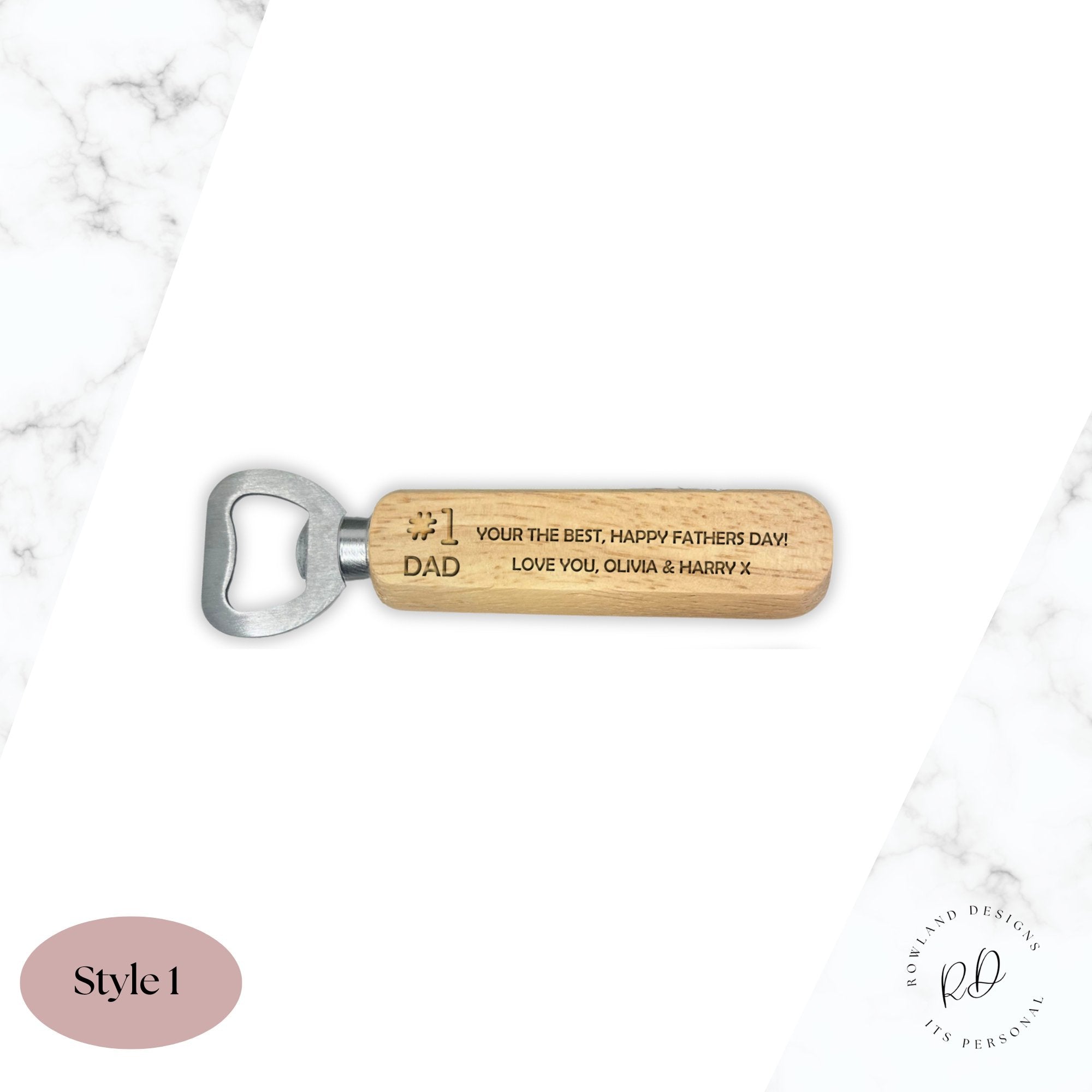 Personalised wooden bottle opener made from high-quality wood, featuring a custom engraved name and special message. Style 1