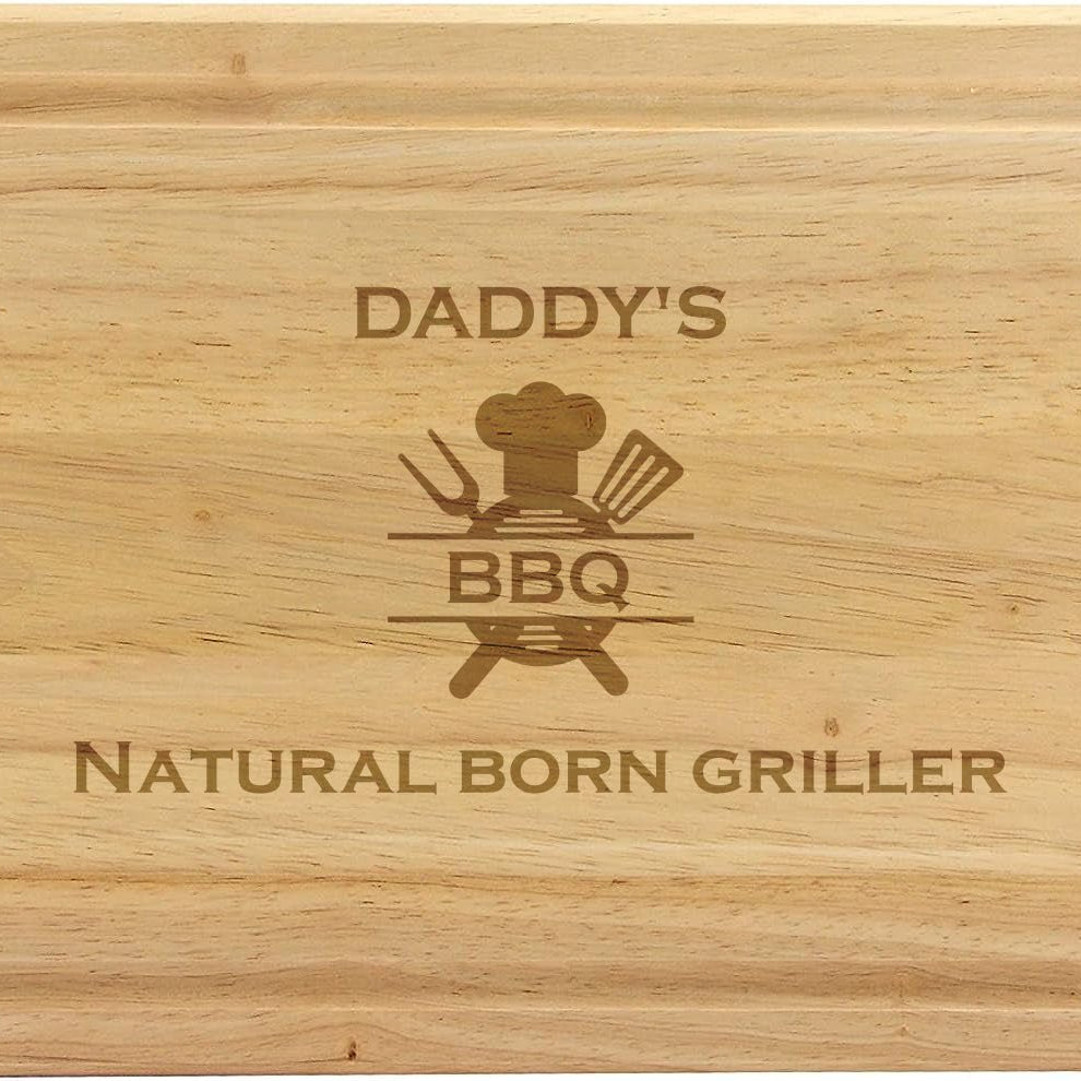 Personalised Hevea wood chopping board with "Natural Born Griller" engraving.