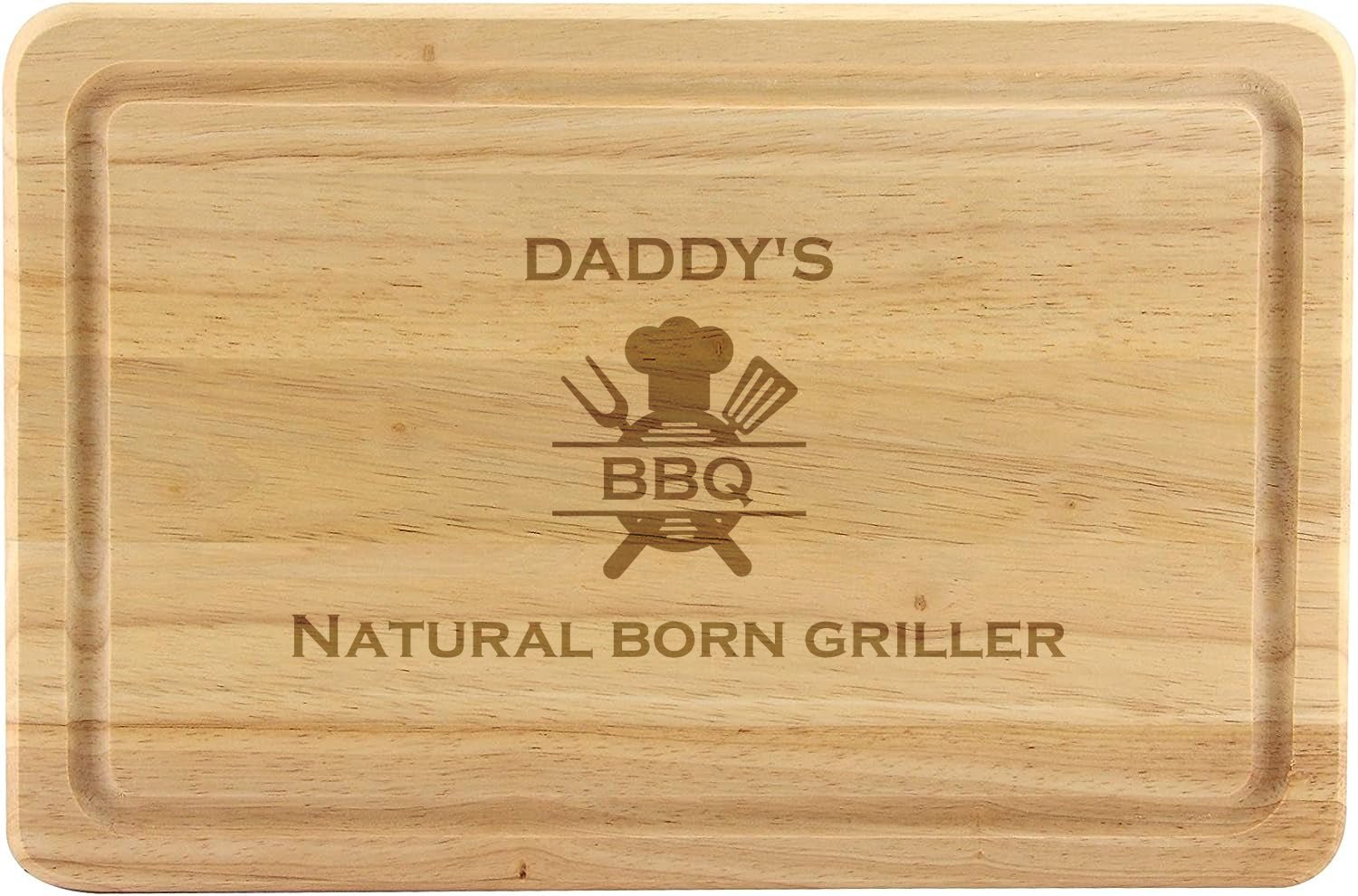 Personalised Hevea wood chopping board with "Natural Born Griller" engraving.