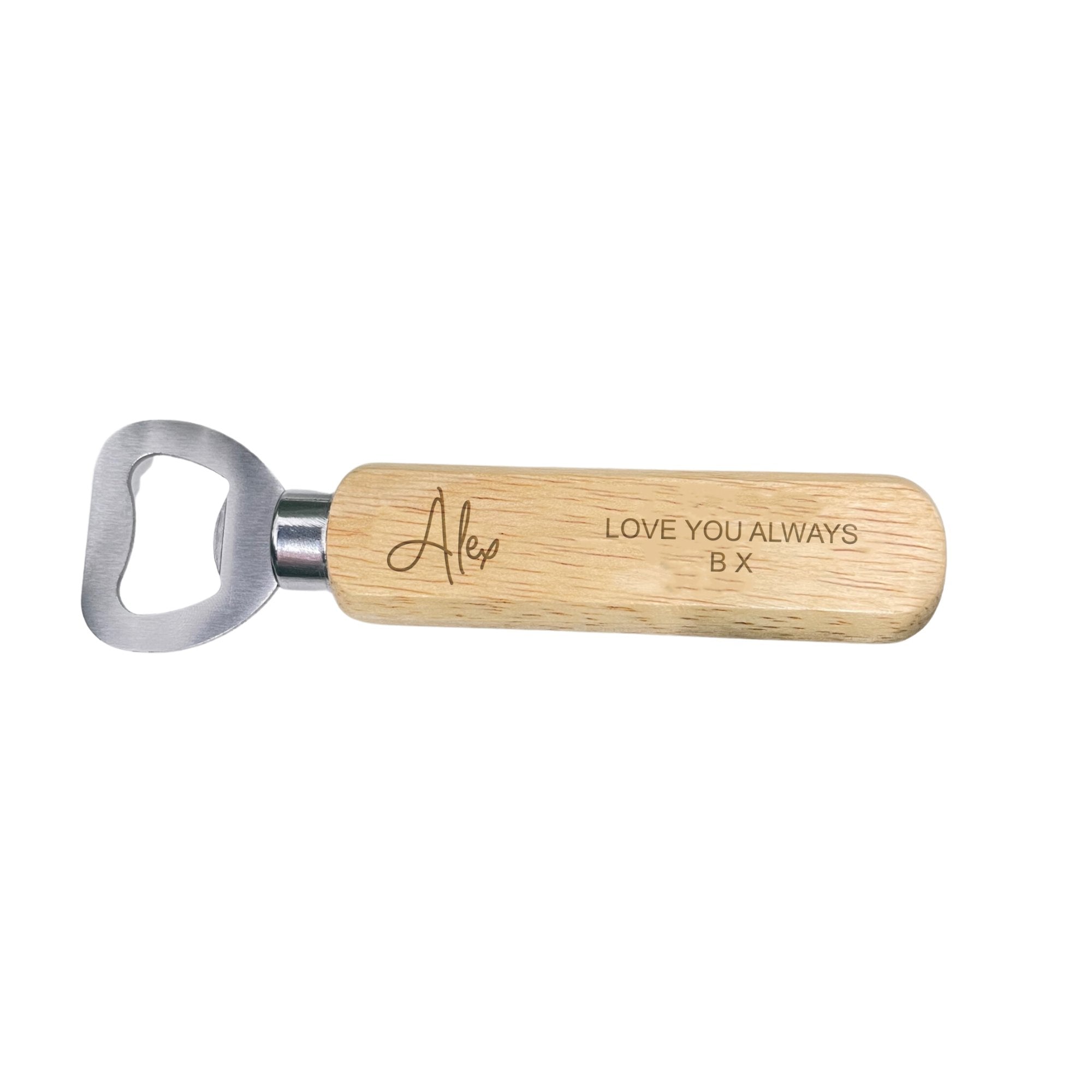 Personalised classic bottle opener, custom-engraved with a name.