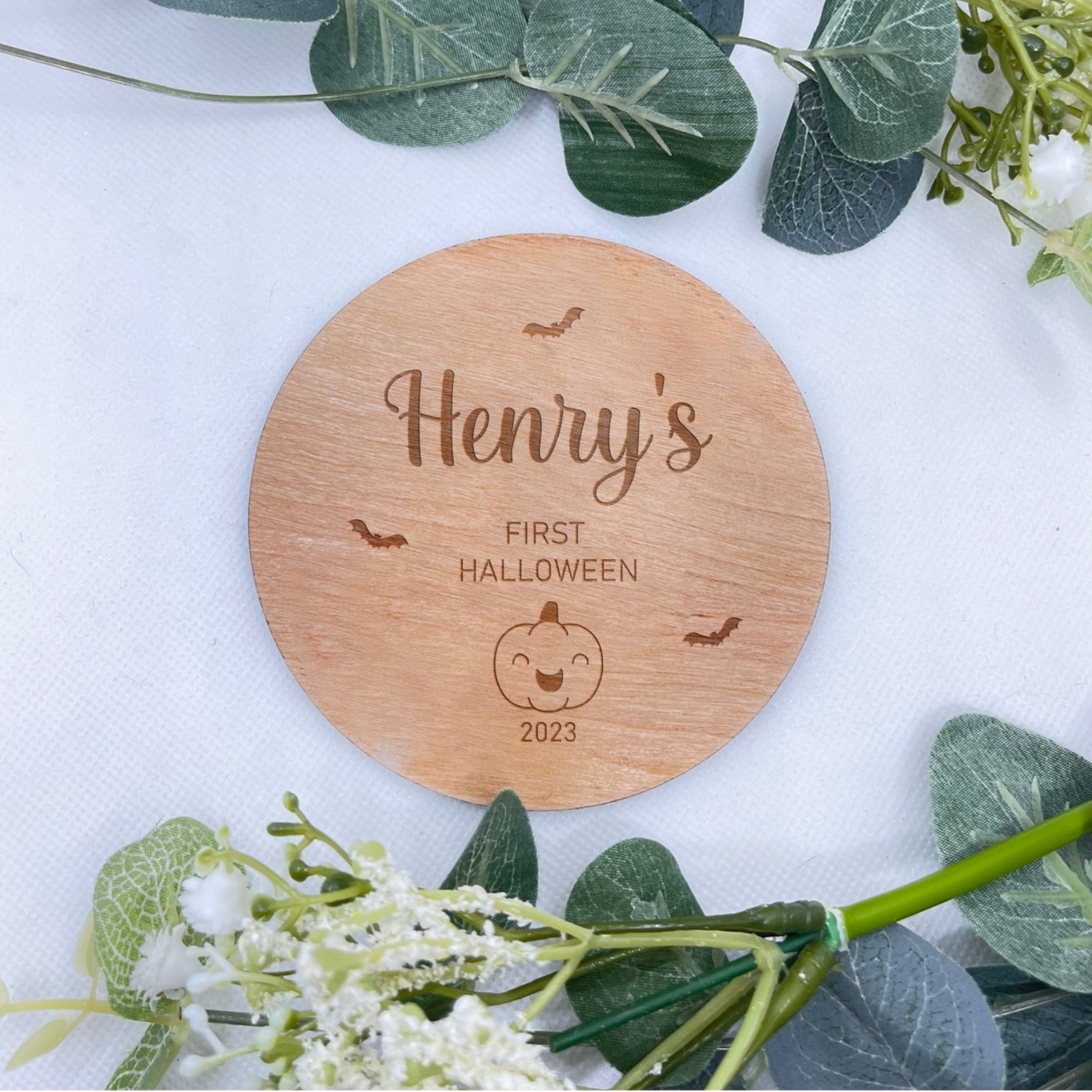 Personalised Halloween Plaque with Cute Pumpkin and Greenery