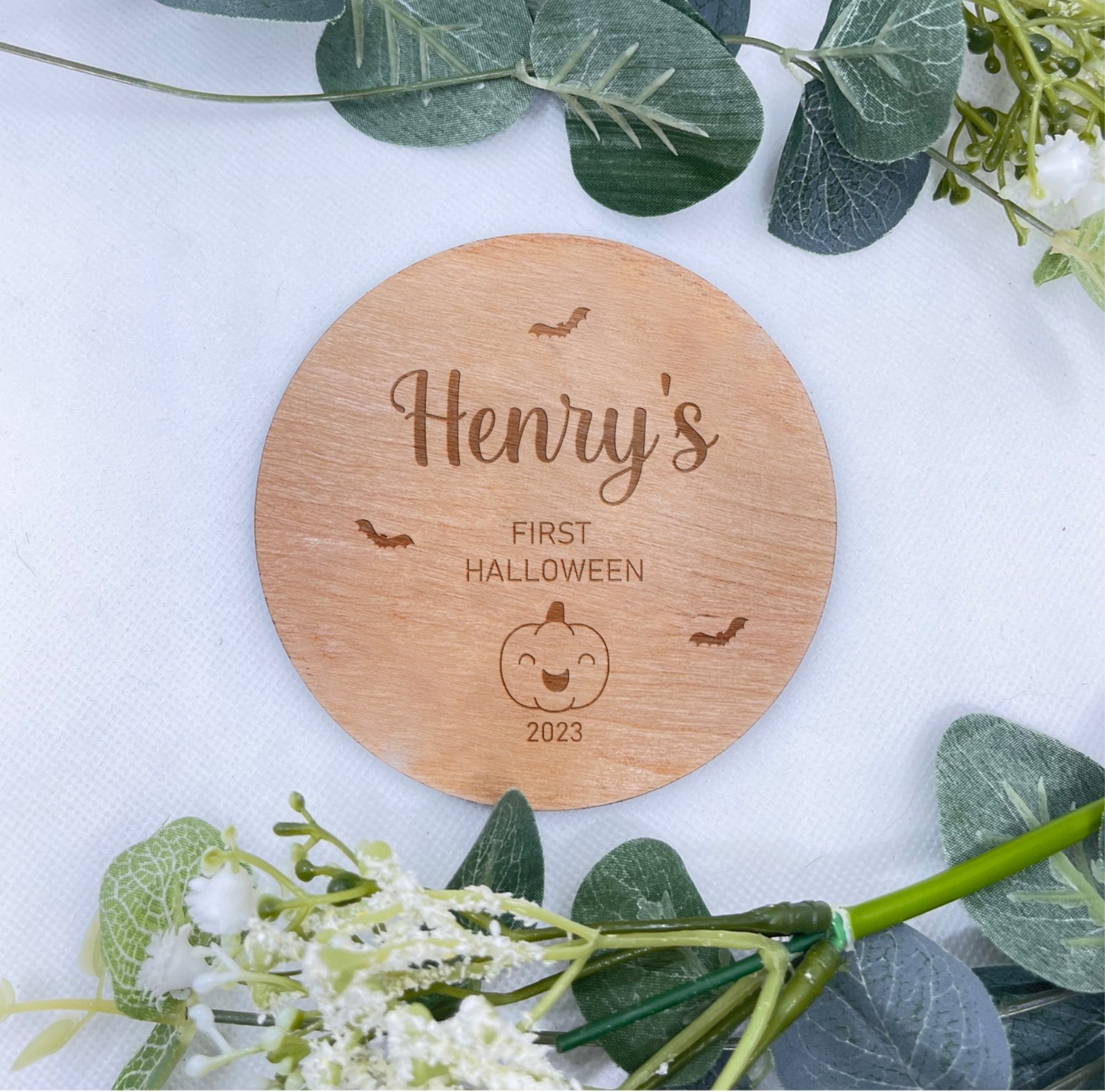 Personalised Halloween Plaque with Cute Pumpkin and Greenery