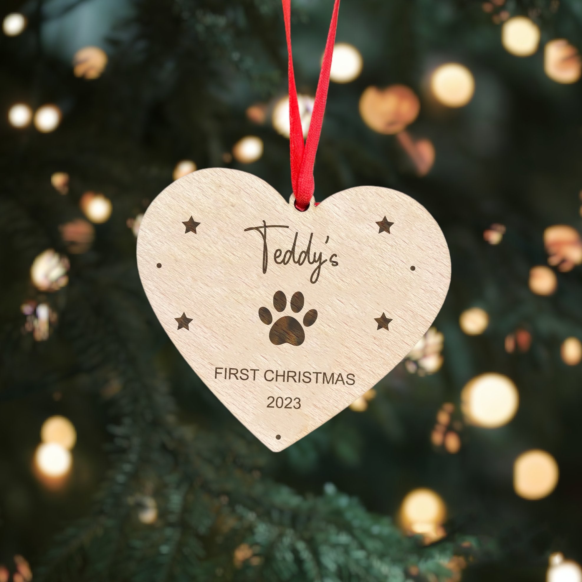 Personalised Wooden Heart Bauble Pup's First Christmas Paw Print Keepsake