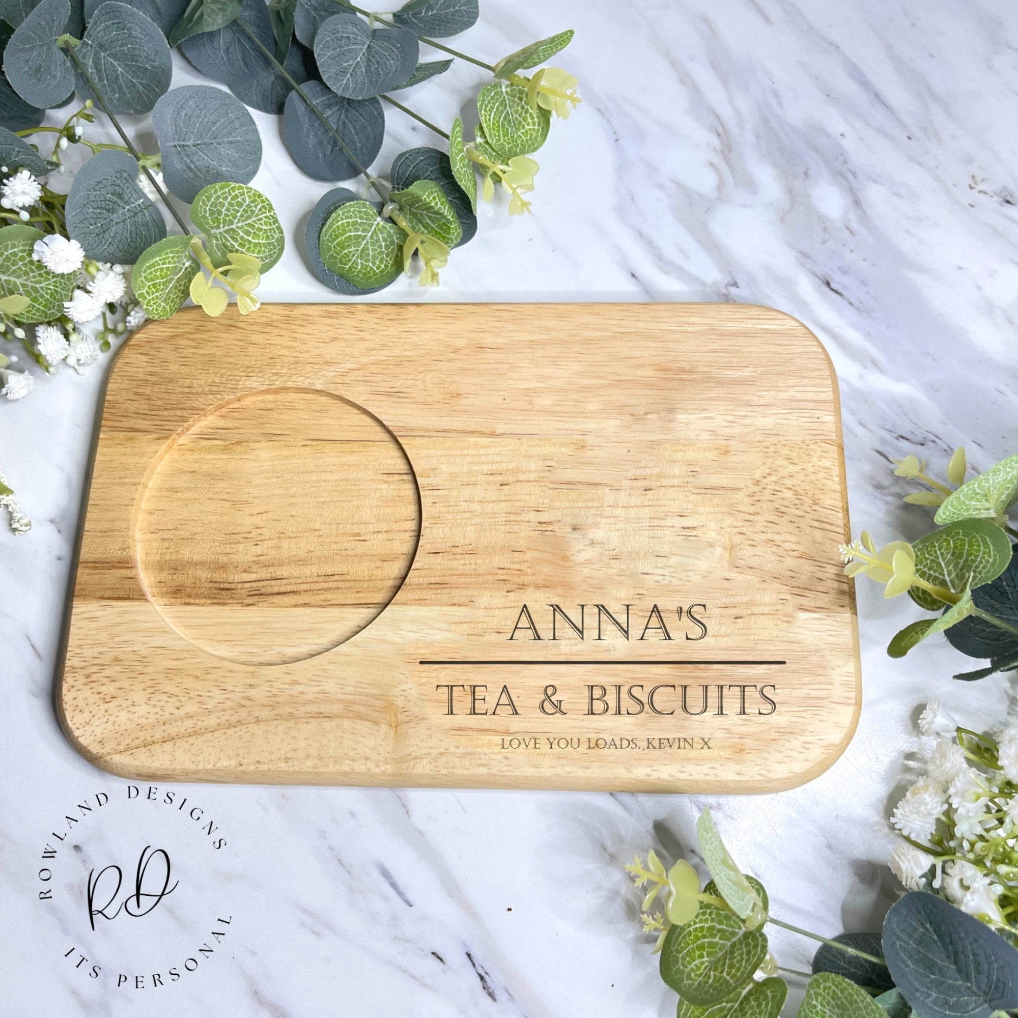 Custom engraved wooden tea and biscuit board with message