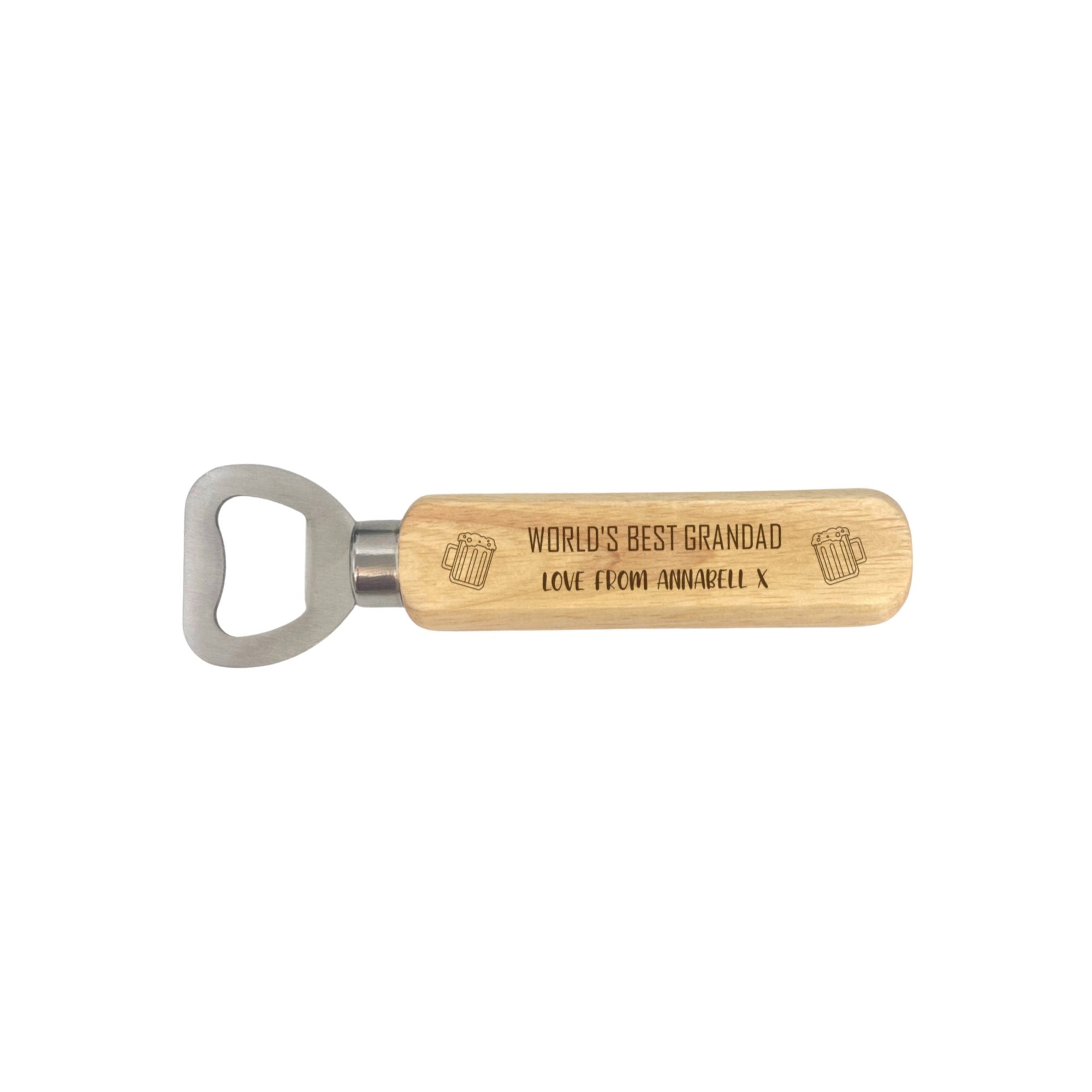 A personalised wooden bottle opener with a custom-engraved beer design, perfect for a gift for him.