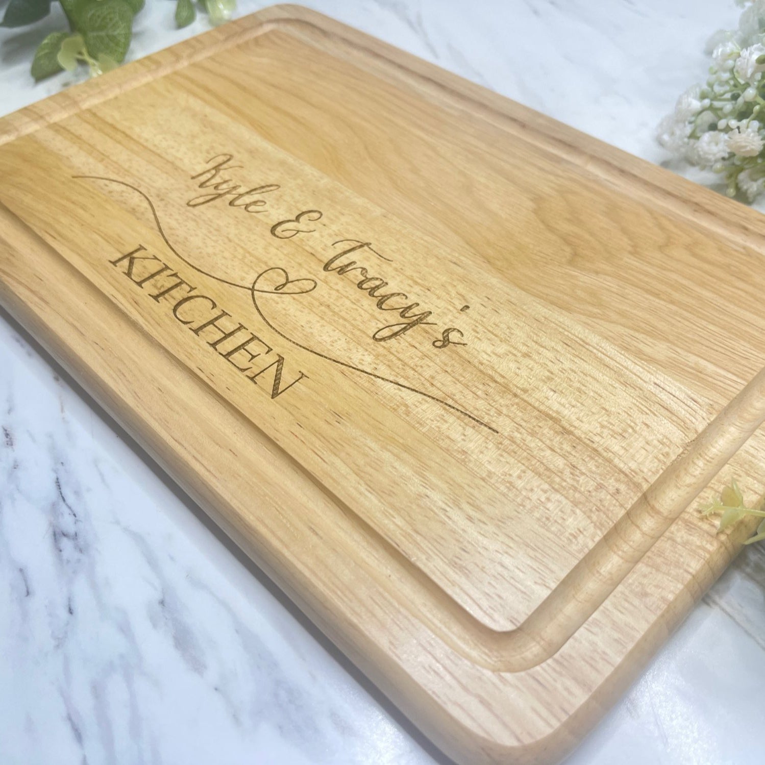 Personalised Engraved Wooden Chopping Board, personalise your chopping board with a name on the left and side and name on the right.
