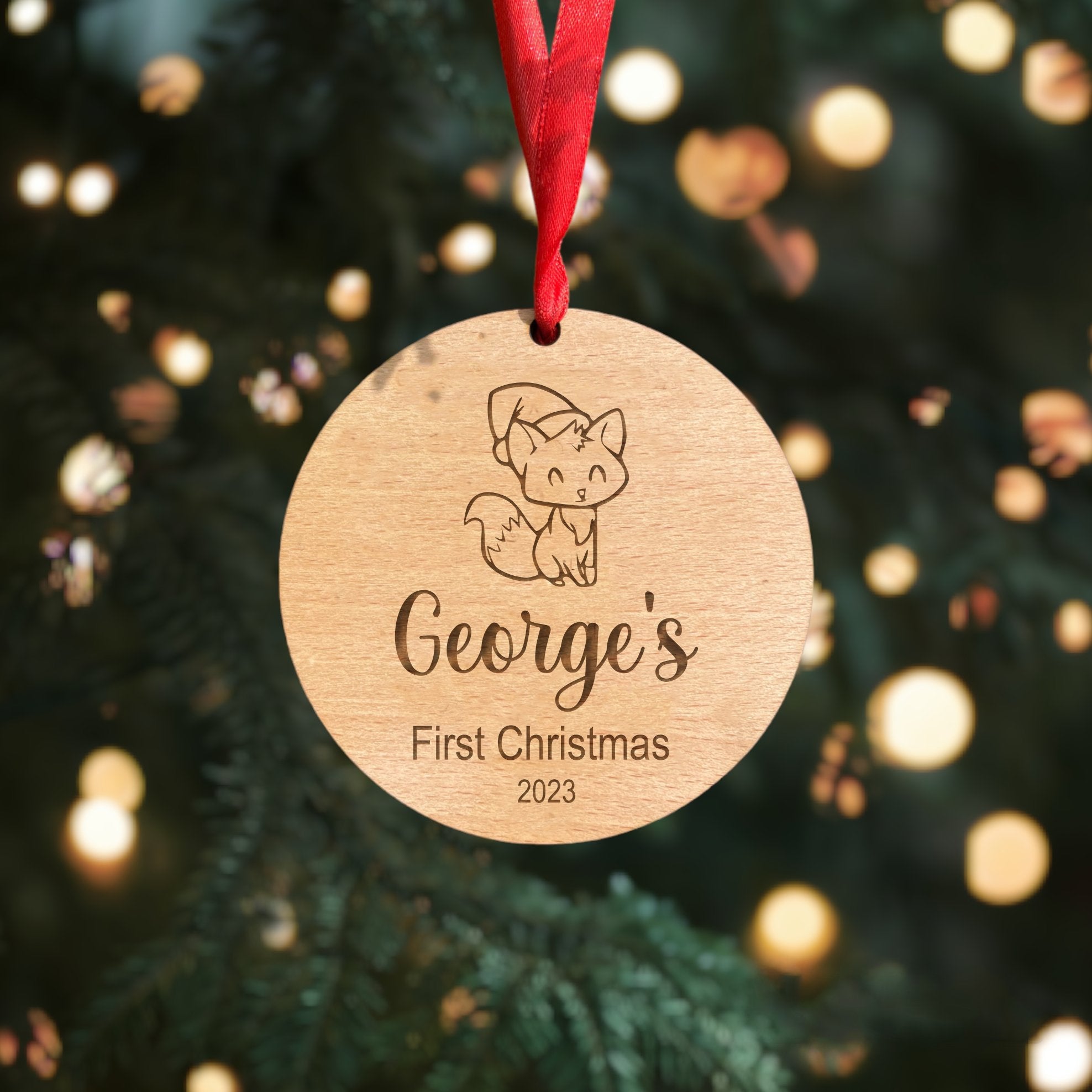 Personalised Baby's First Christmas Bauble Name and Year Wooden Beech Veneer