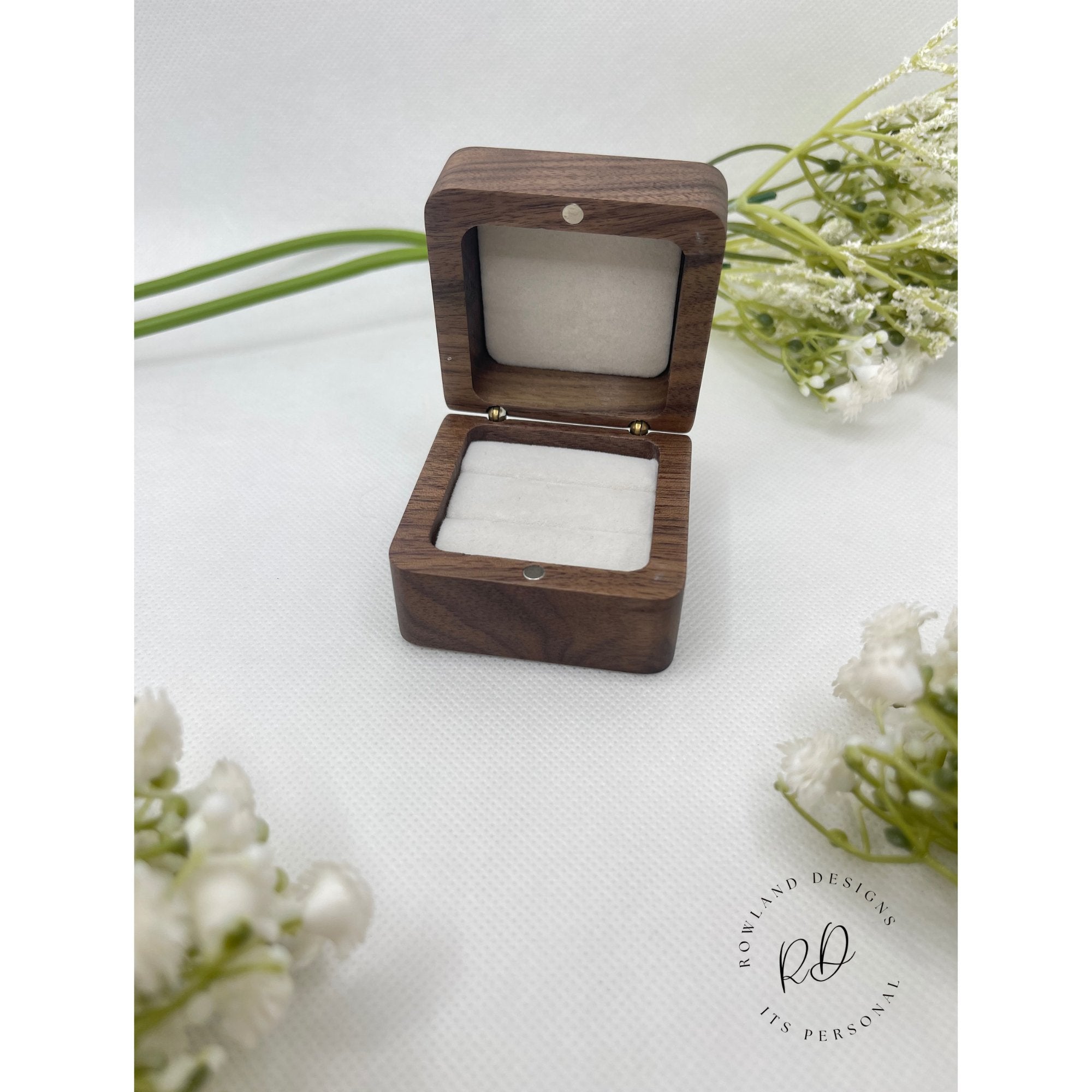 Personalised Double Slot Wooden Ring Box, opened to see two ring spaces